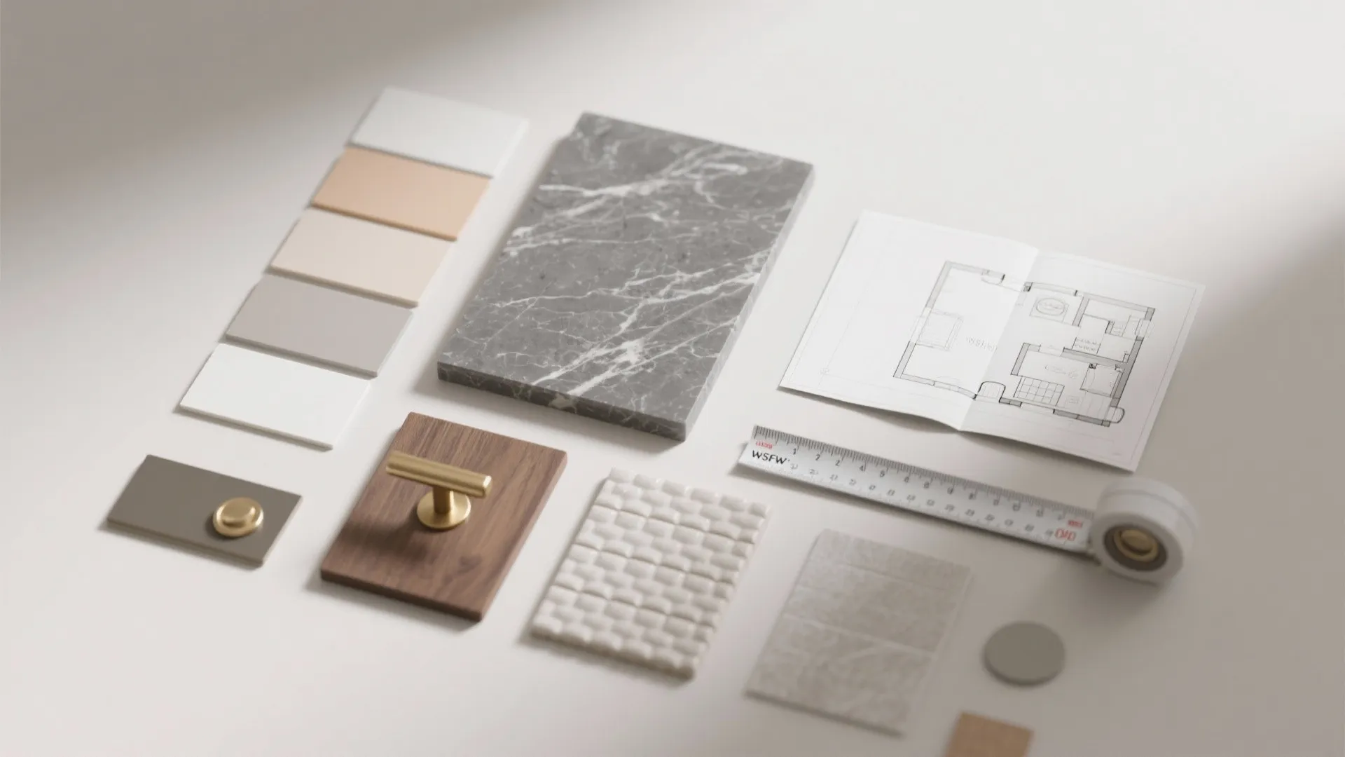 Flatlay of grey quartz swatch, paint chips, hardware samples and a small bathroom floorplan.