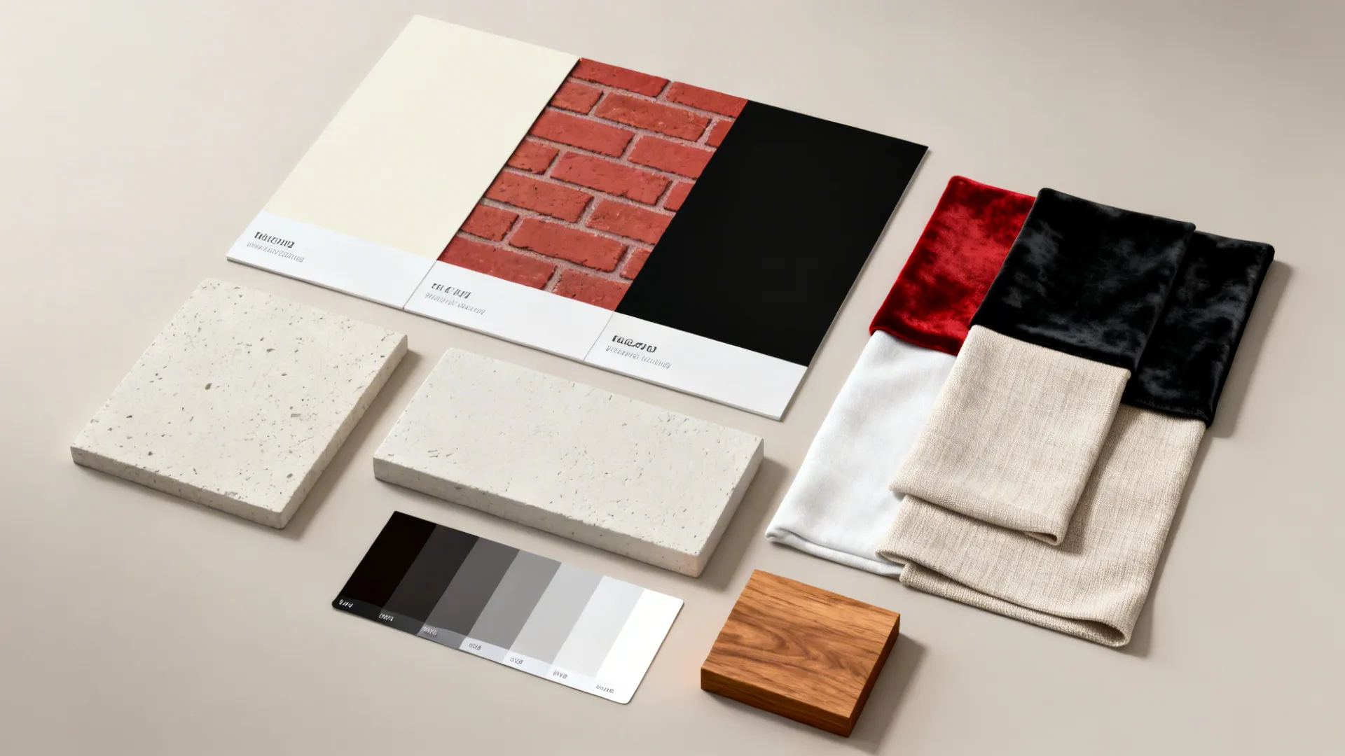 Flatlay of paint and fabric swatches: off-white, muted brick red, black, linen, velvet and wood sample.