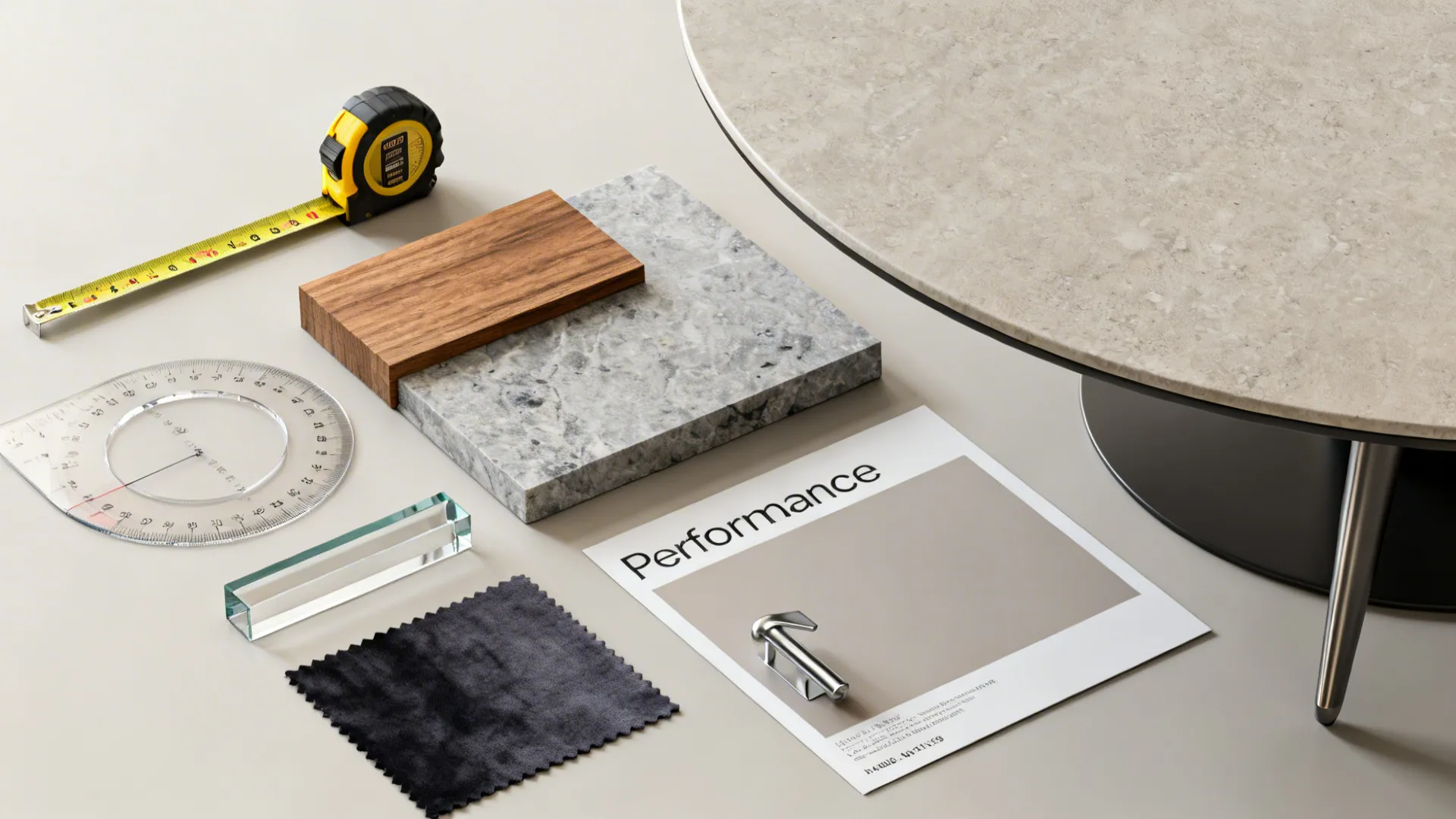 Interior design material samples including wood stone fabric and measuring tape next to a table