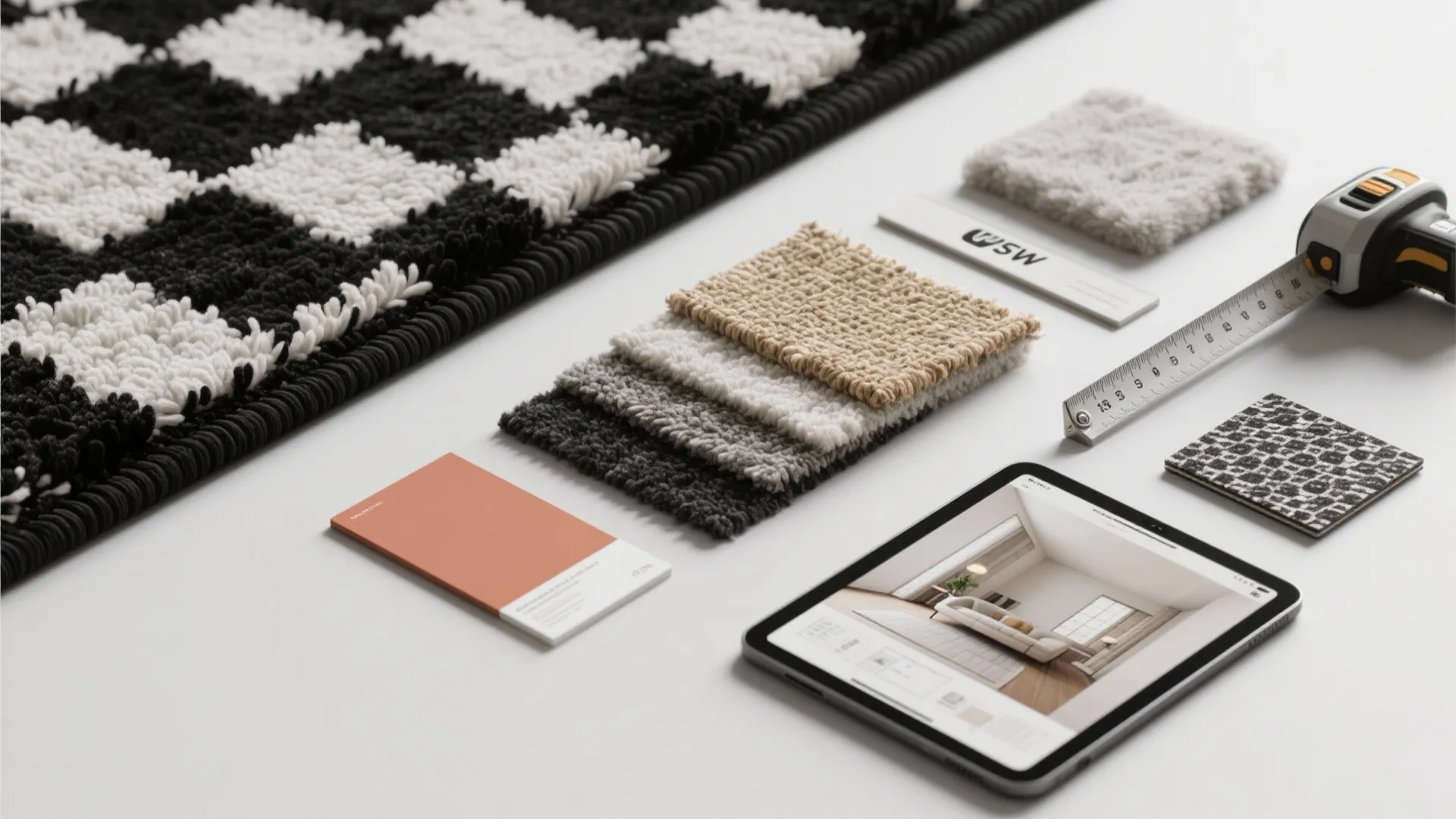 Interior design materials including rug samples measuring tape color card and tablet showing living room