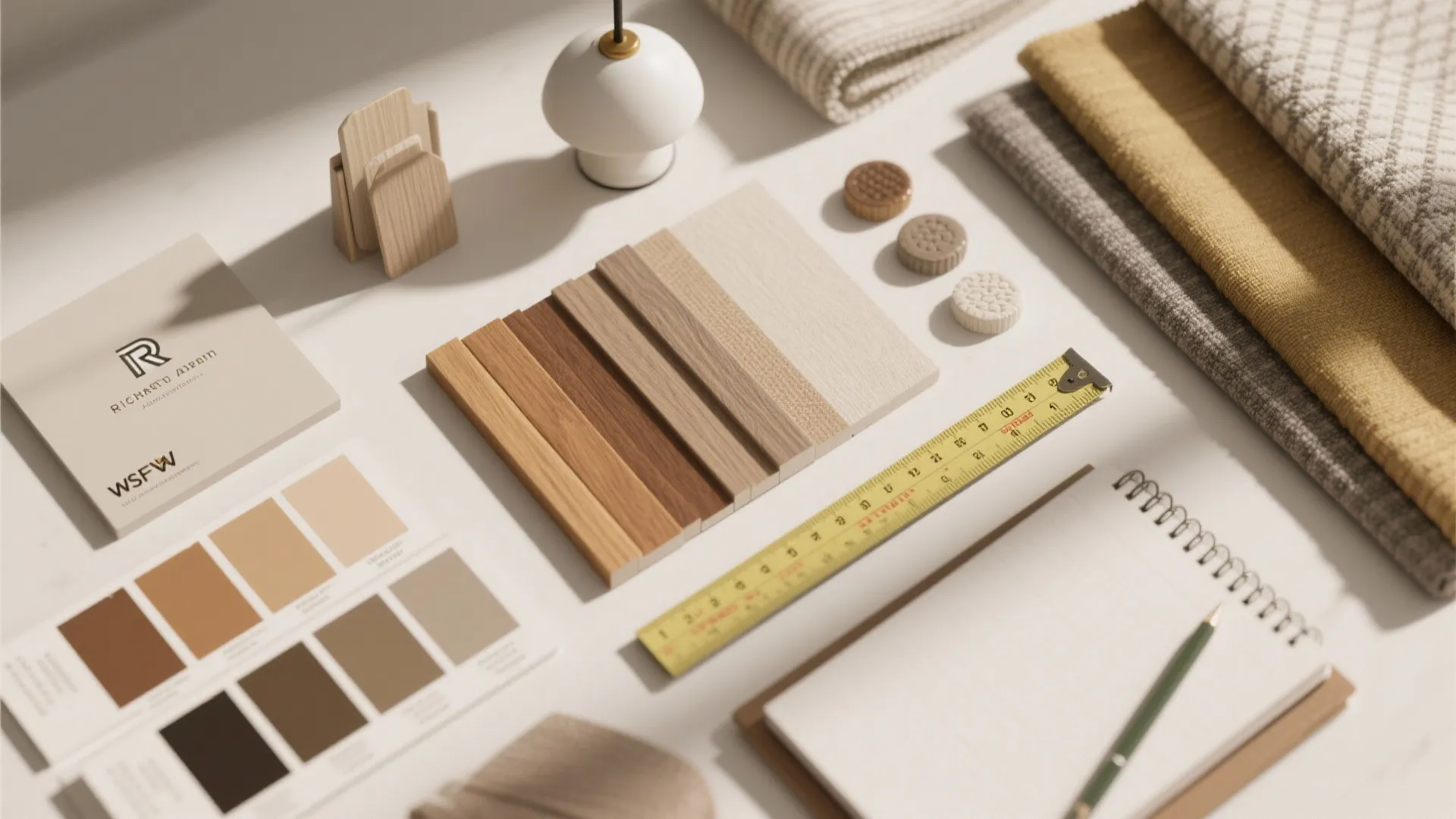 Flatlay of paint chips, wood samples, and fabric swatches for coordinating an apartment redesign.