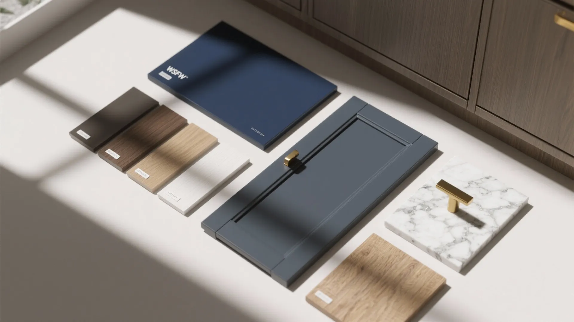 Top-down flatlay of navy, white and wood samples with countertop chip and brass hardware