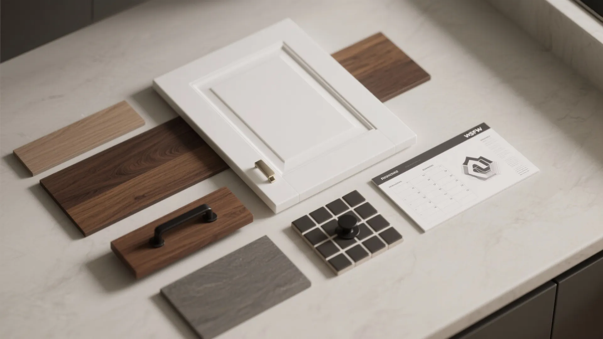 Interior design samples with white cabinet door wood panels grey stone tile and black metal handle