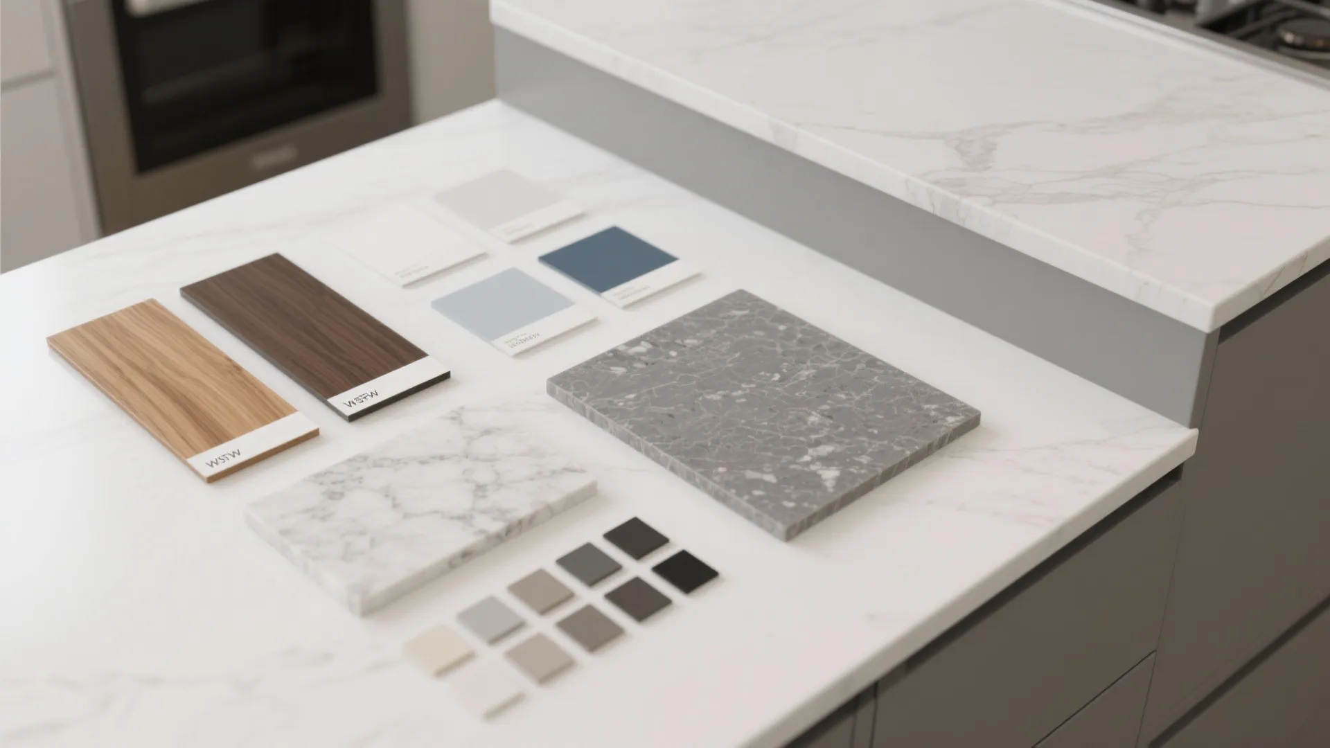 Various material samples including wood marble and stone tiles placed on a white marble countertop