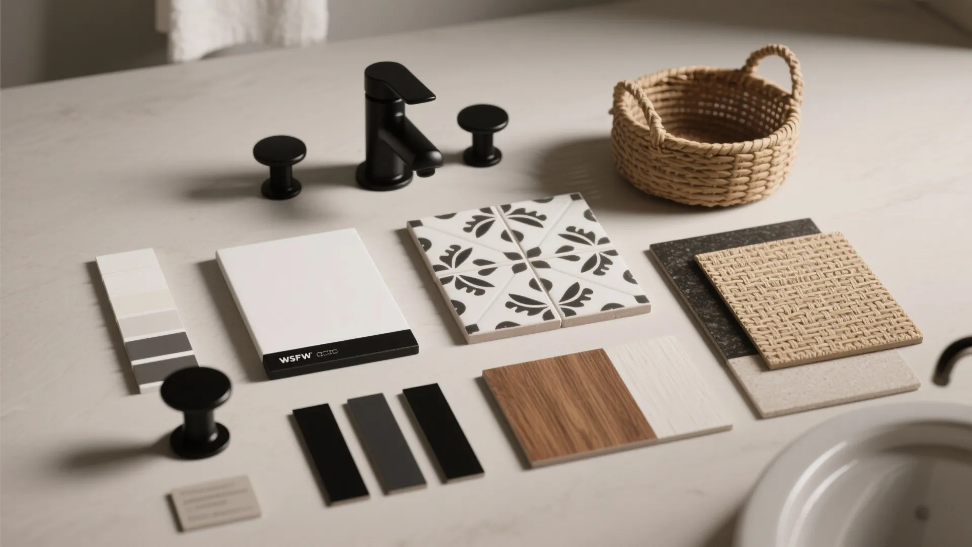 Flatlay of matte black hardware, white and black swatches, encaustic tile and oak veneer samples.