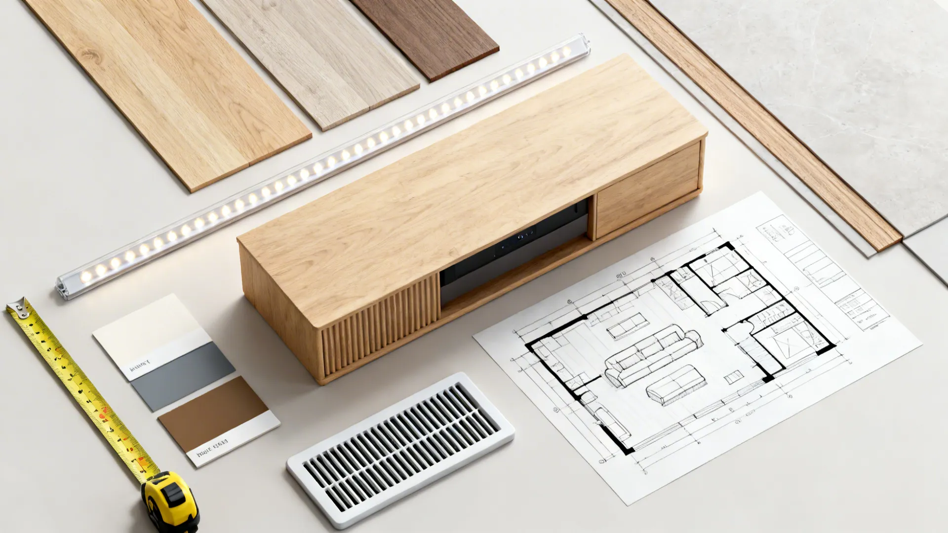 Material flatlay with wood swatches, paint chips, LED strip sample, measuring tape and floor plan