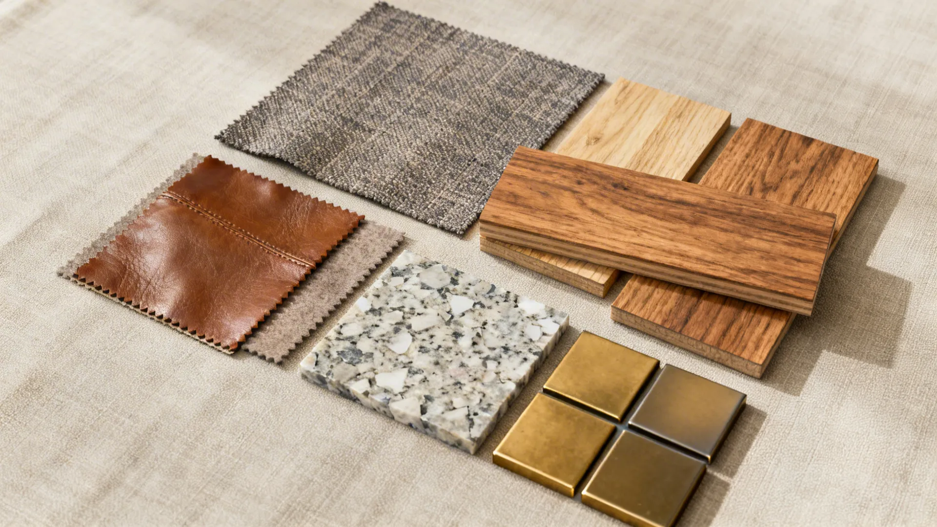 Top-down flatlay of leather, performance fabric, hardwood, quartz and metal finish samples.