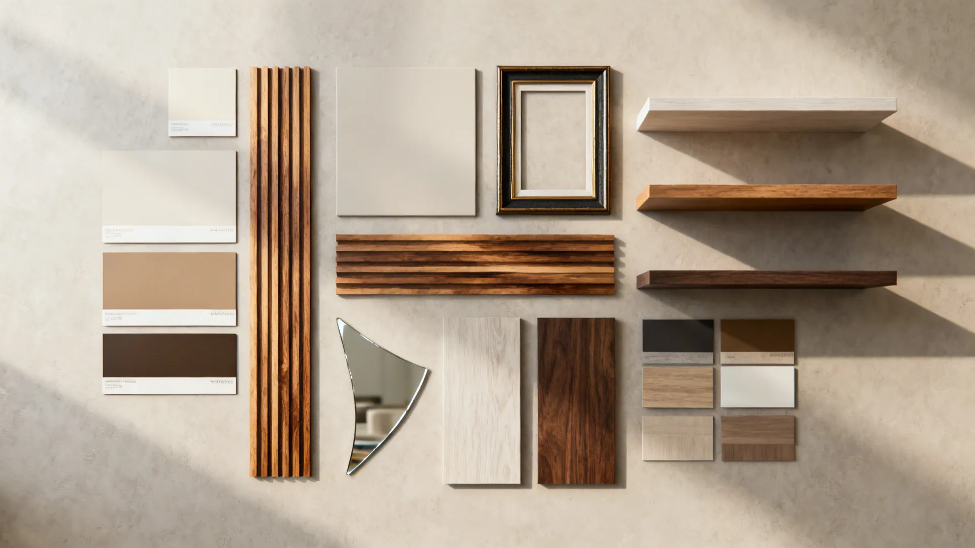 Interior design material samples with wood pieces color swatches mirror and shelves on a beige