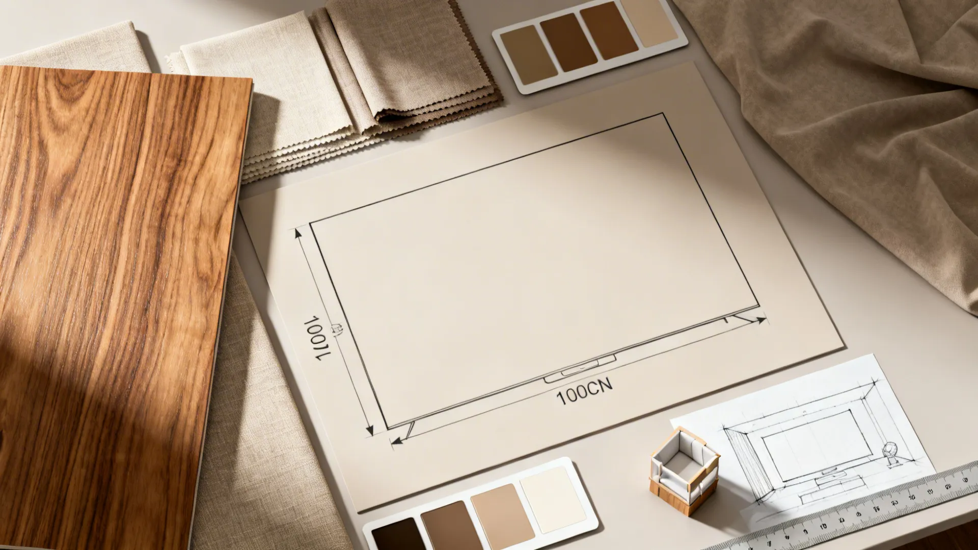Material and scale flatlay showing fabric swatches, wood samples and a 100-inch TV footprint diagram