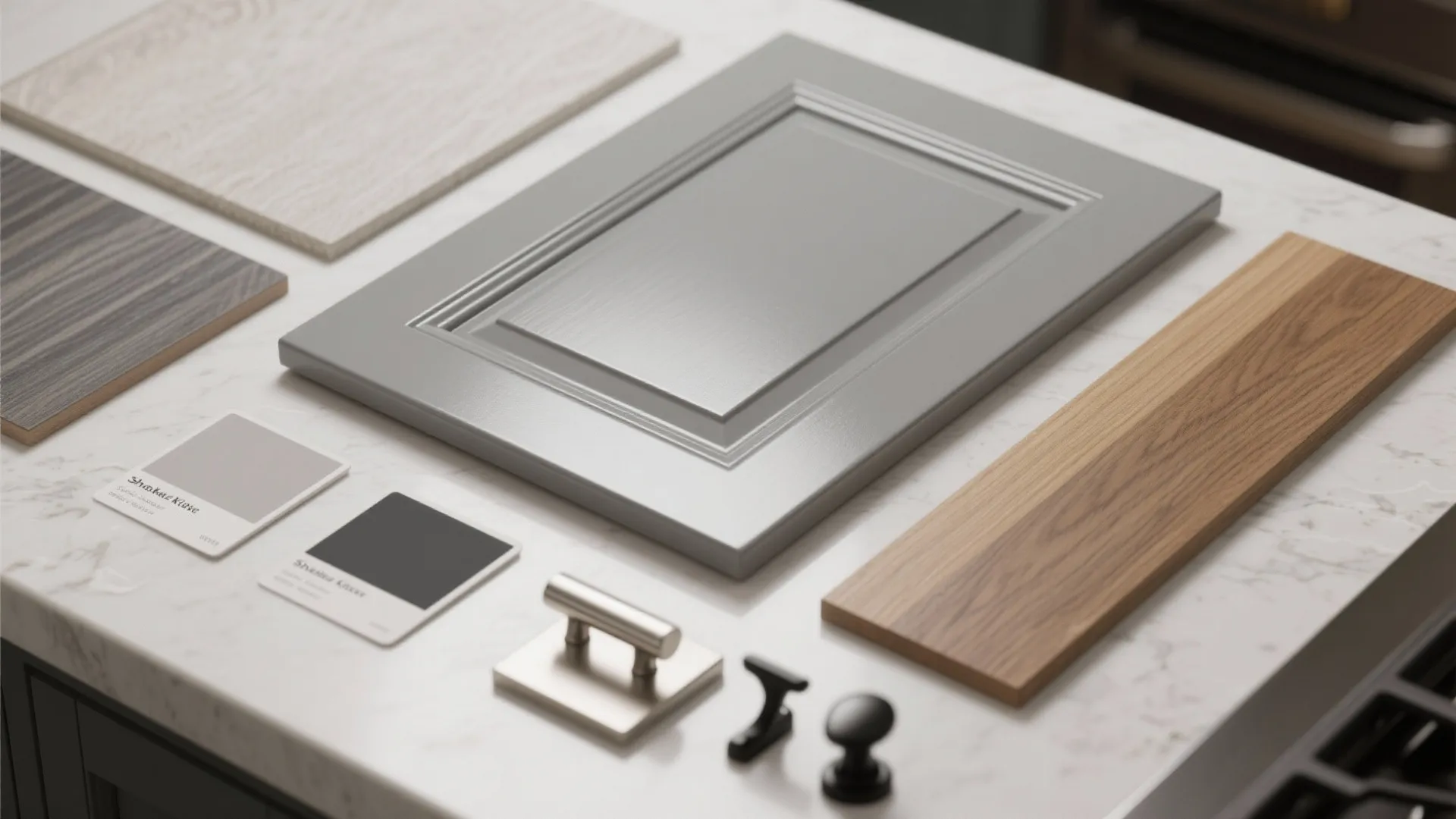 Flatlay of shaker gray kitchen material samples including paint swatches, wood veneer, and hardware