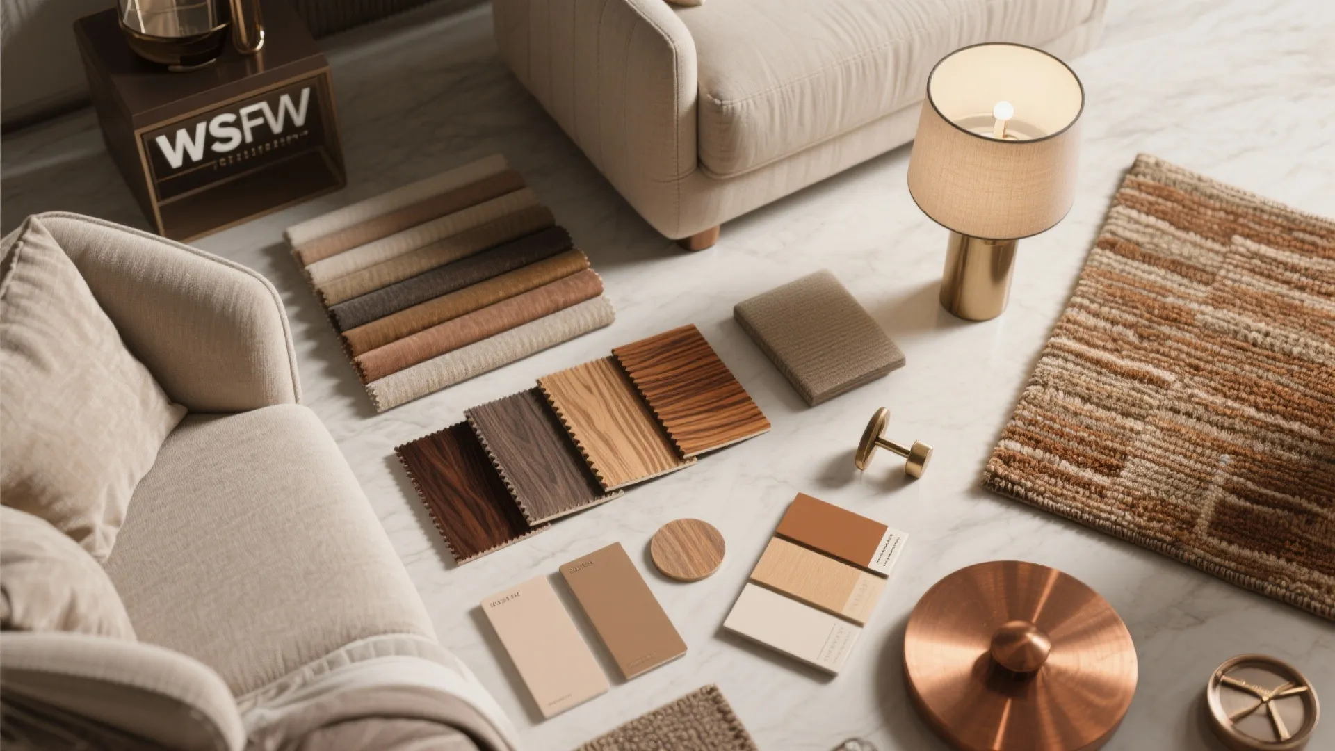 Interior design materials including fabric swatches wood samples paint cards a table lamp and rug