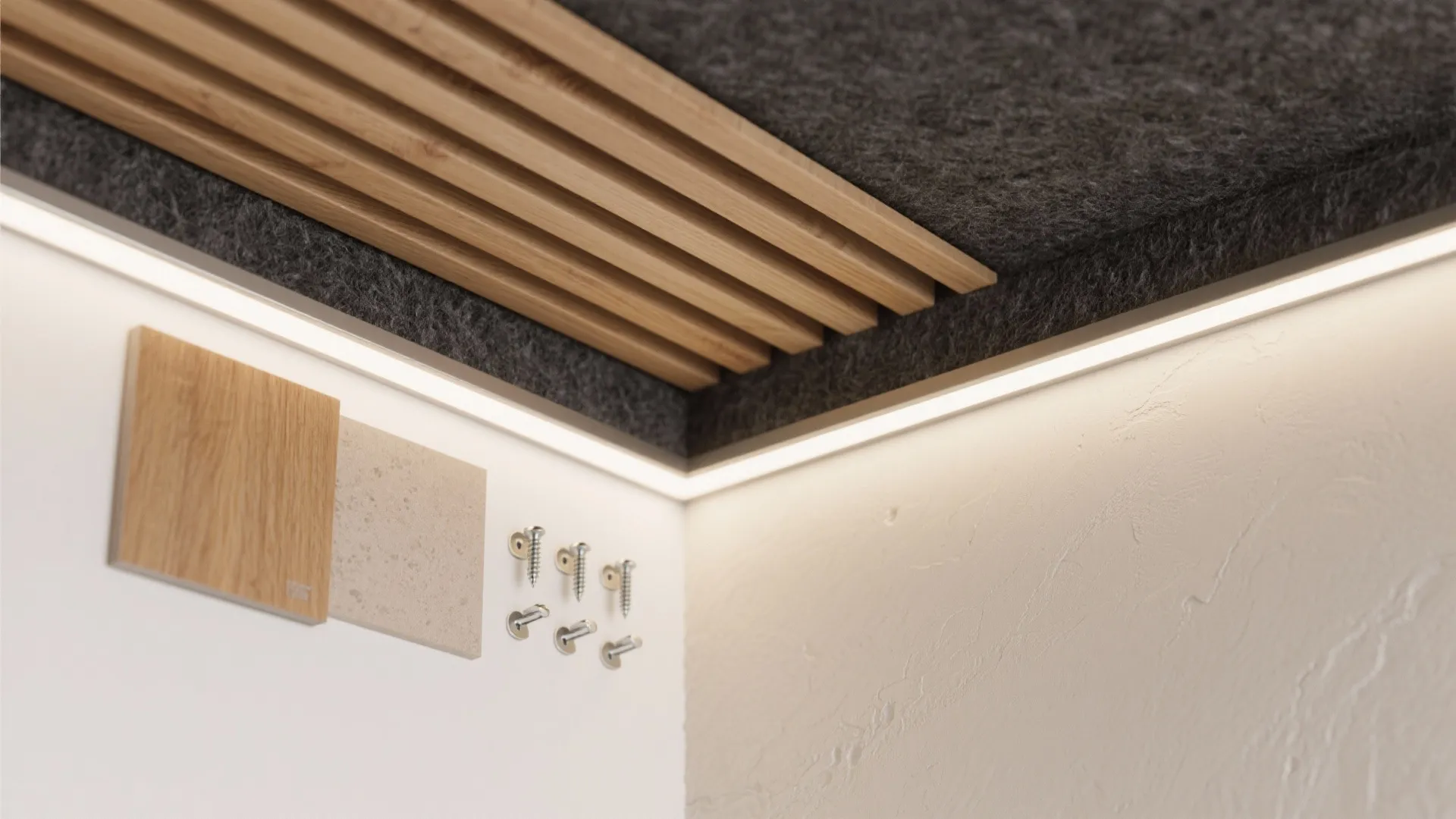 Flatlay of oak slats, acoustic felt, matte plaster, and LED diffuser components.