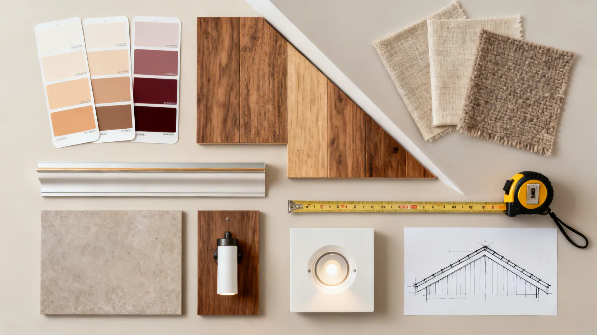 Interior design materials including paint swatches wood samples fabric a tape measure and a light