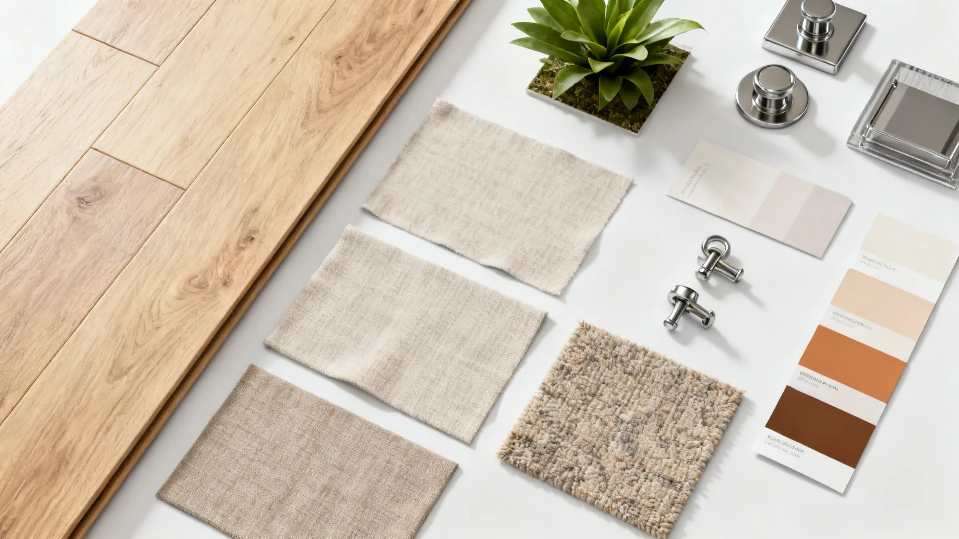 Flatlay of flooring, fabric swatches, paint chips and hardware for a compact living room palette.