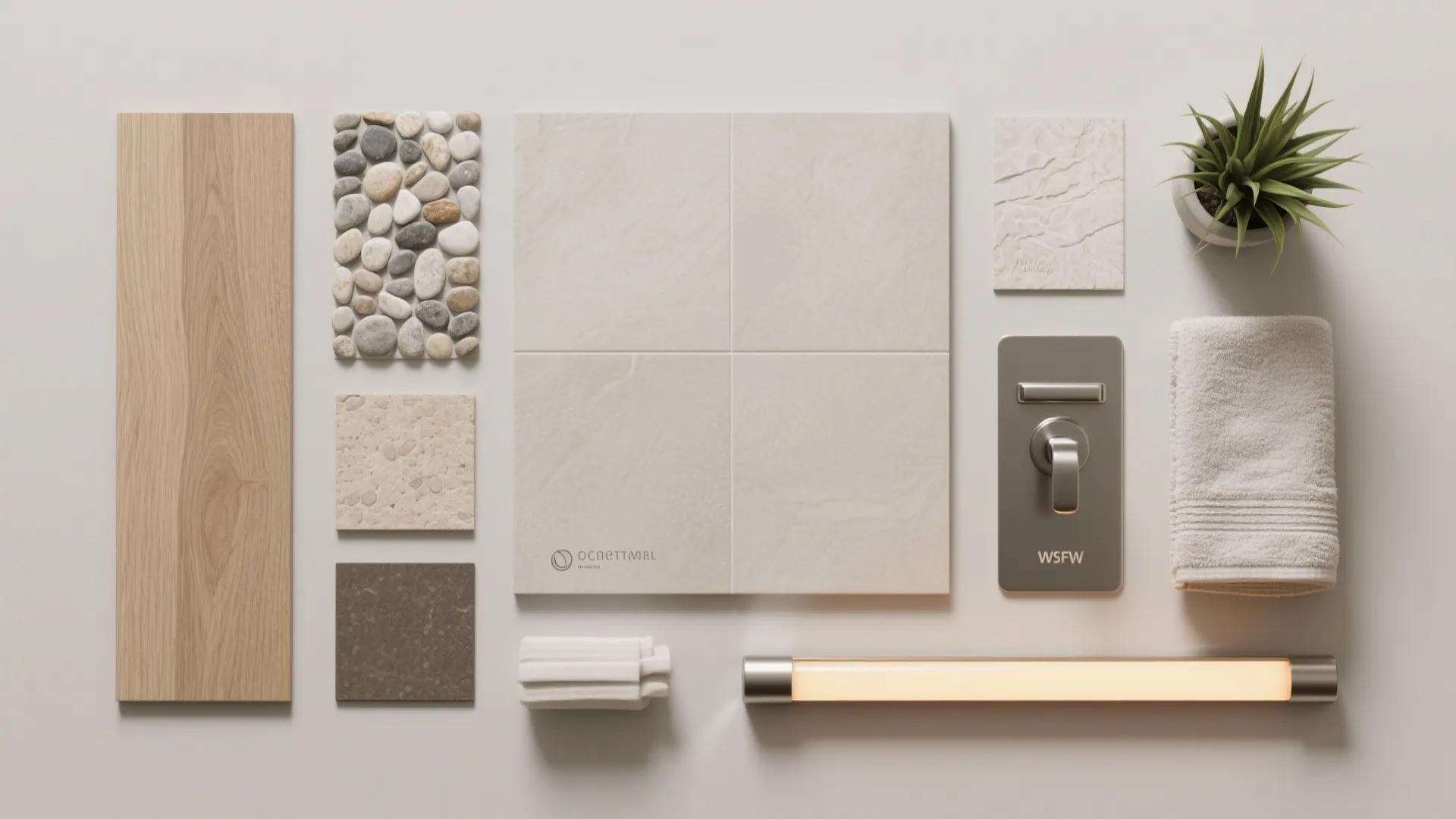 Flatlay of material samples for a small spa bathroom remodel, including tiles, towel fabric, hardware, and plant sample.