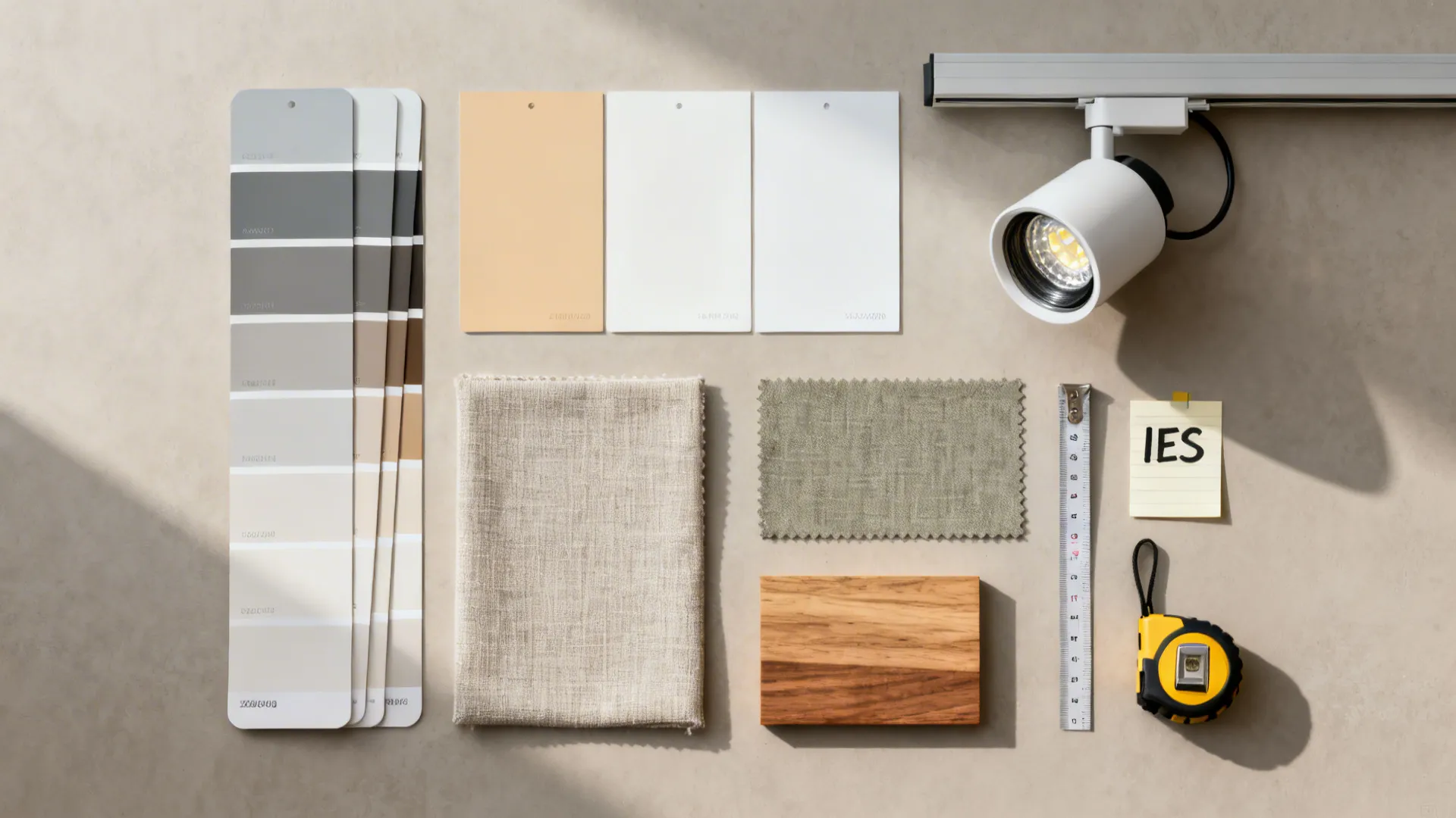 Interior design material board with color swatches fabric samples wood block light fixture and tape measure