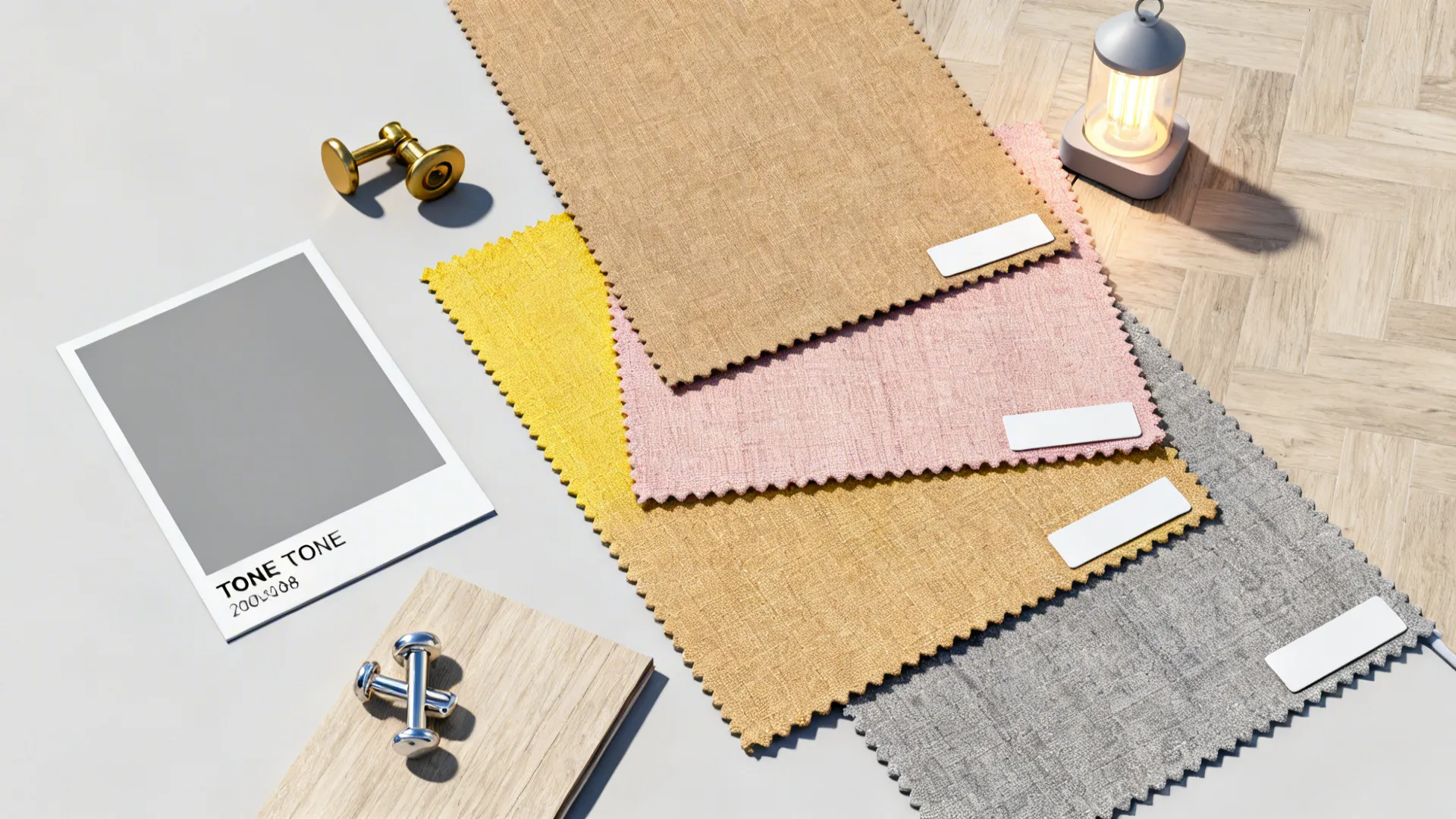 Flatlay of paint chips, fabric swatches, hardware, and flooring samples for tan and gray interiors.
