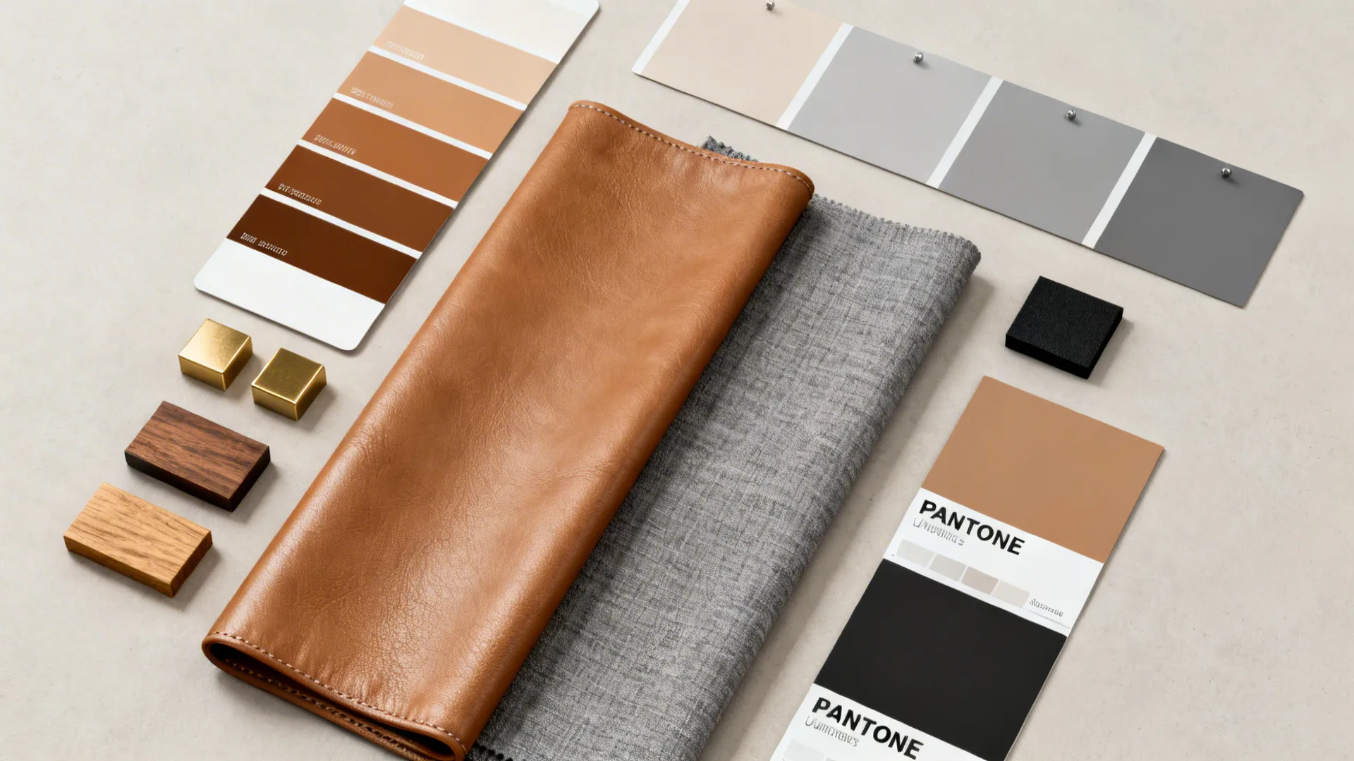 Flatlay of paint swatches, fabric samples and finish chips for tan and gray schemes