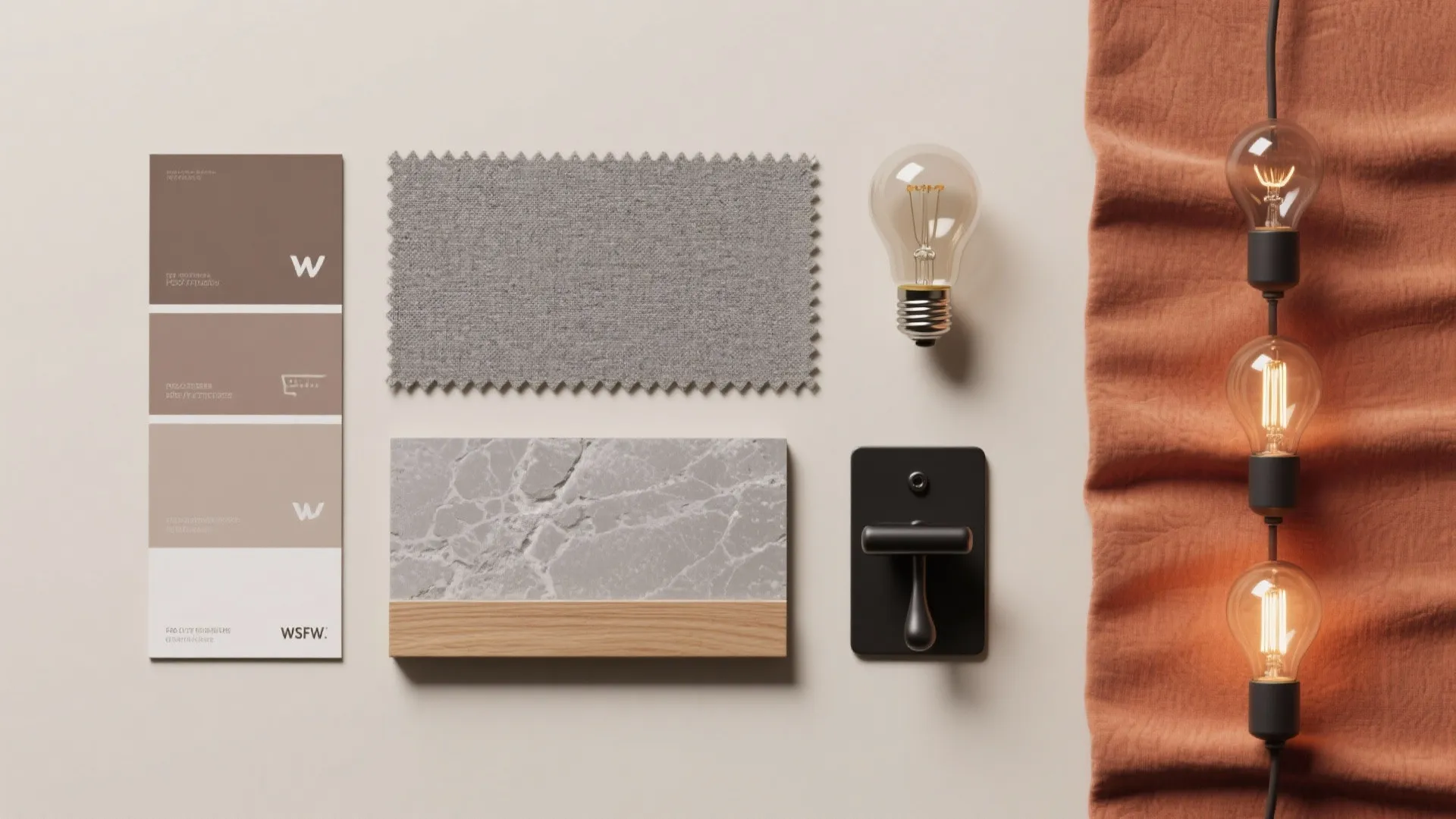 Material collection with grey fabric swatch light bulb stone tile wood trim and orange wall fabric
