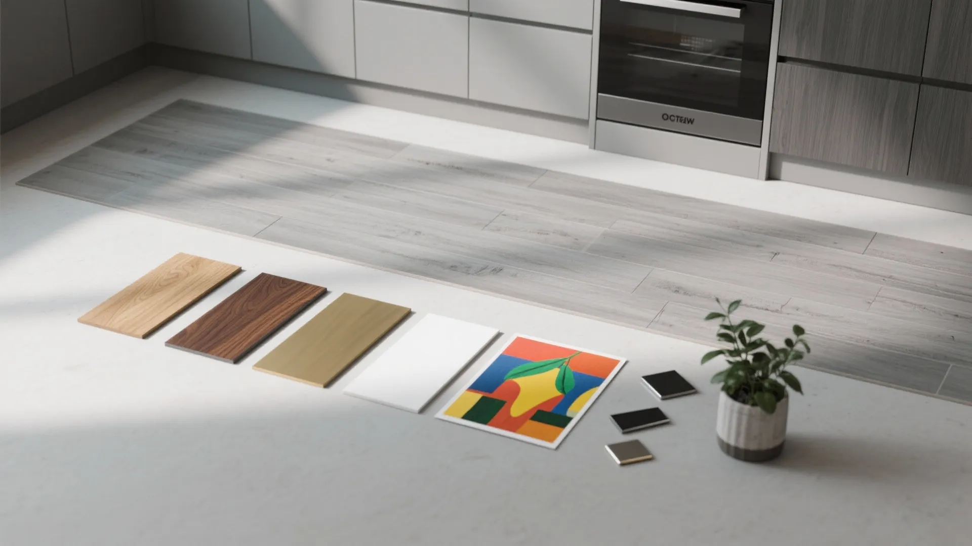 Interior design floor samples with wood patterns and color cards next to a small plant