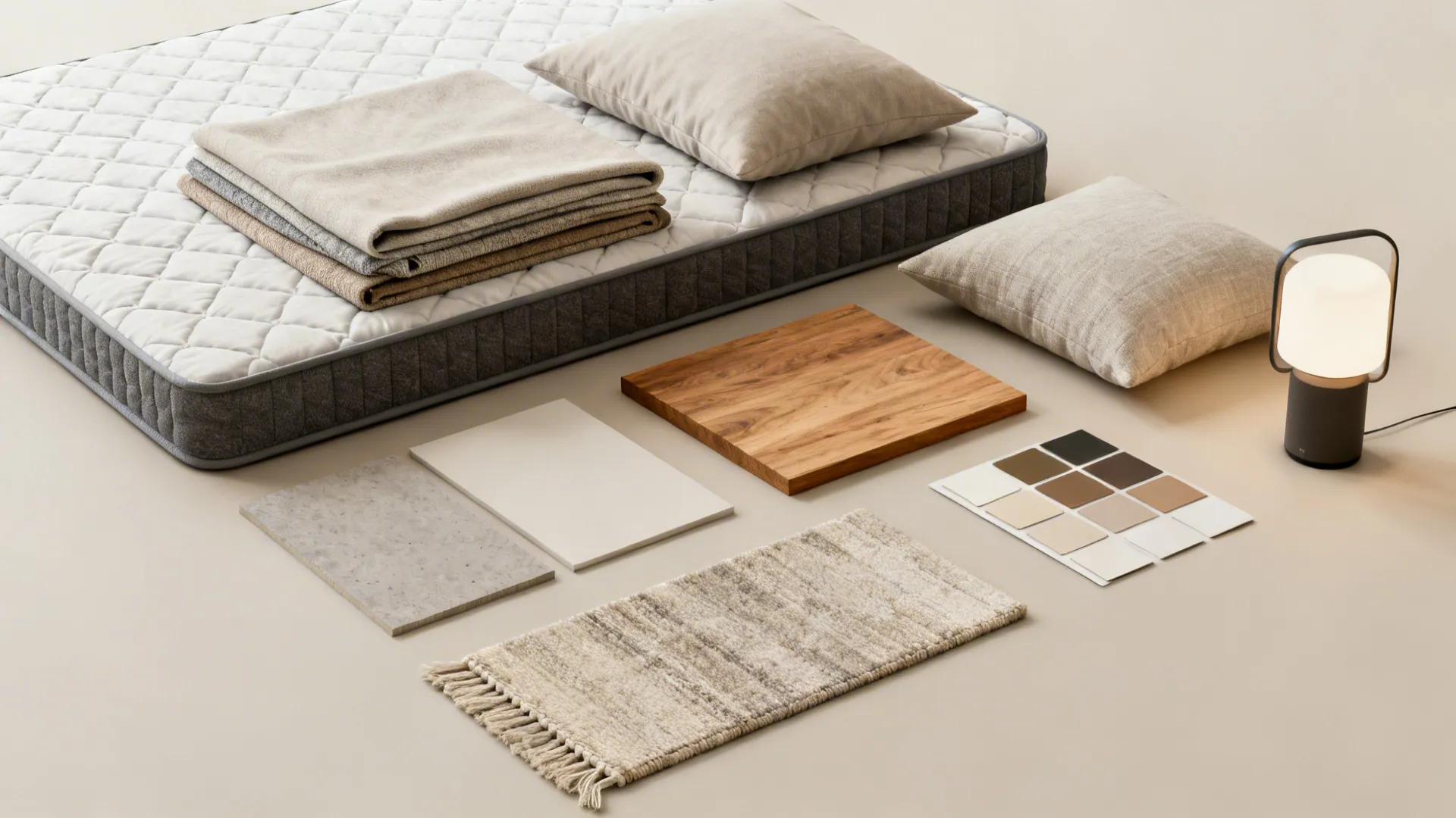 Flatlay of mattress, textile swatches, wood sample and paint chips for a bedroom palette.