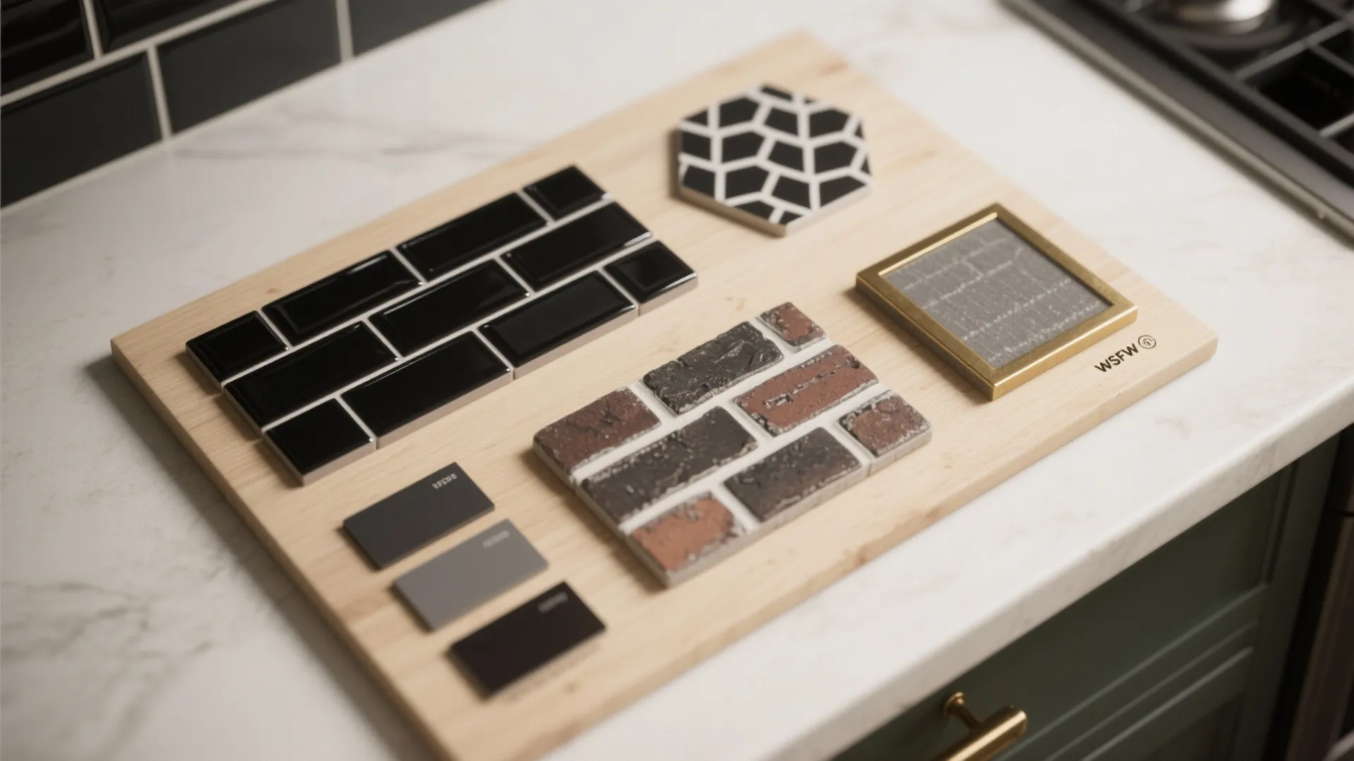 A collection of different wall tile samples and materials displayed on a wooden board surface