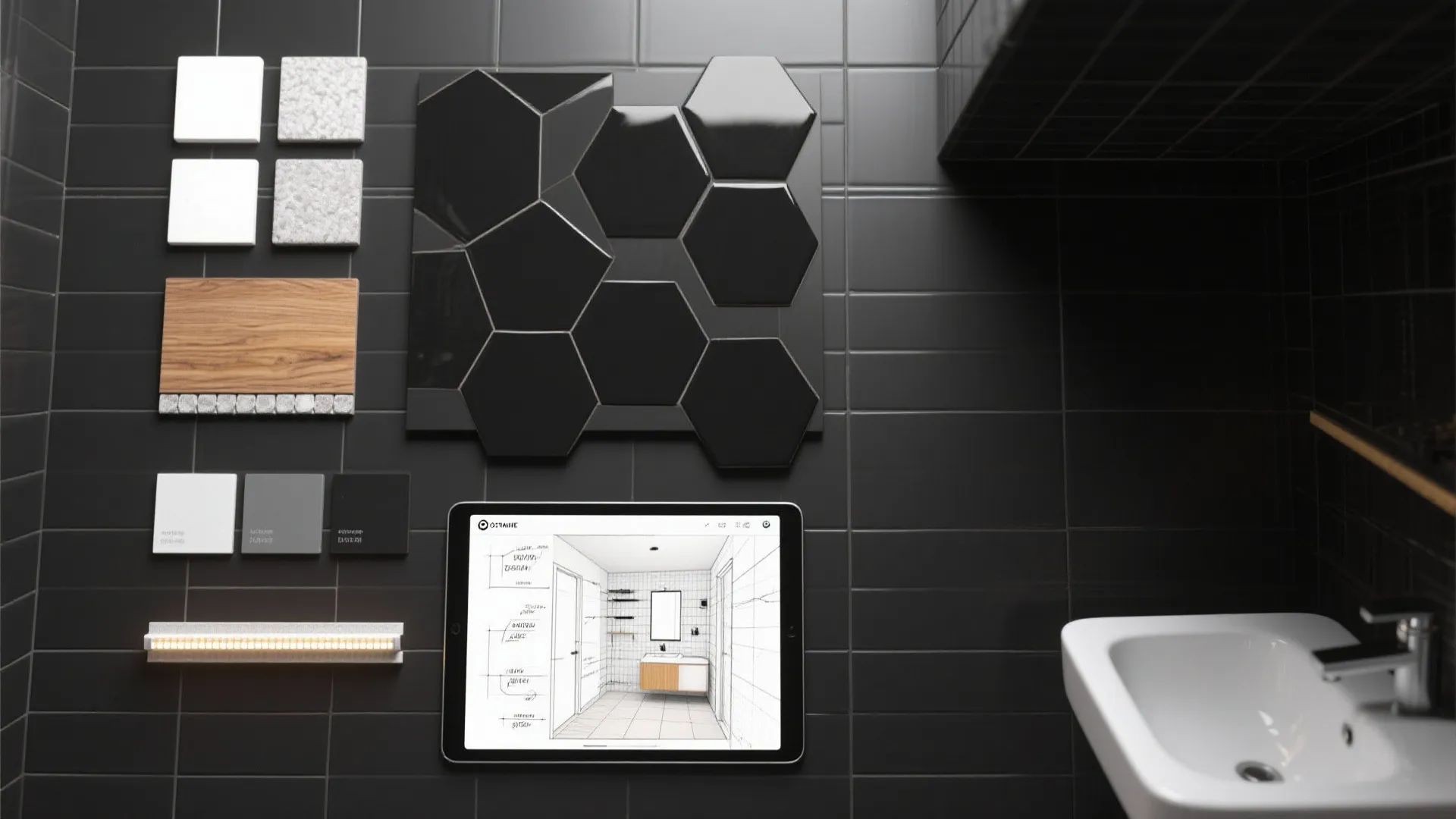 Interior design material flat lay with black hexagon wall tiles wood samples and digital tablet