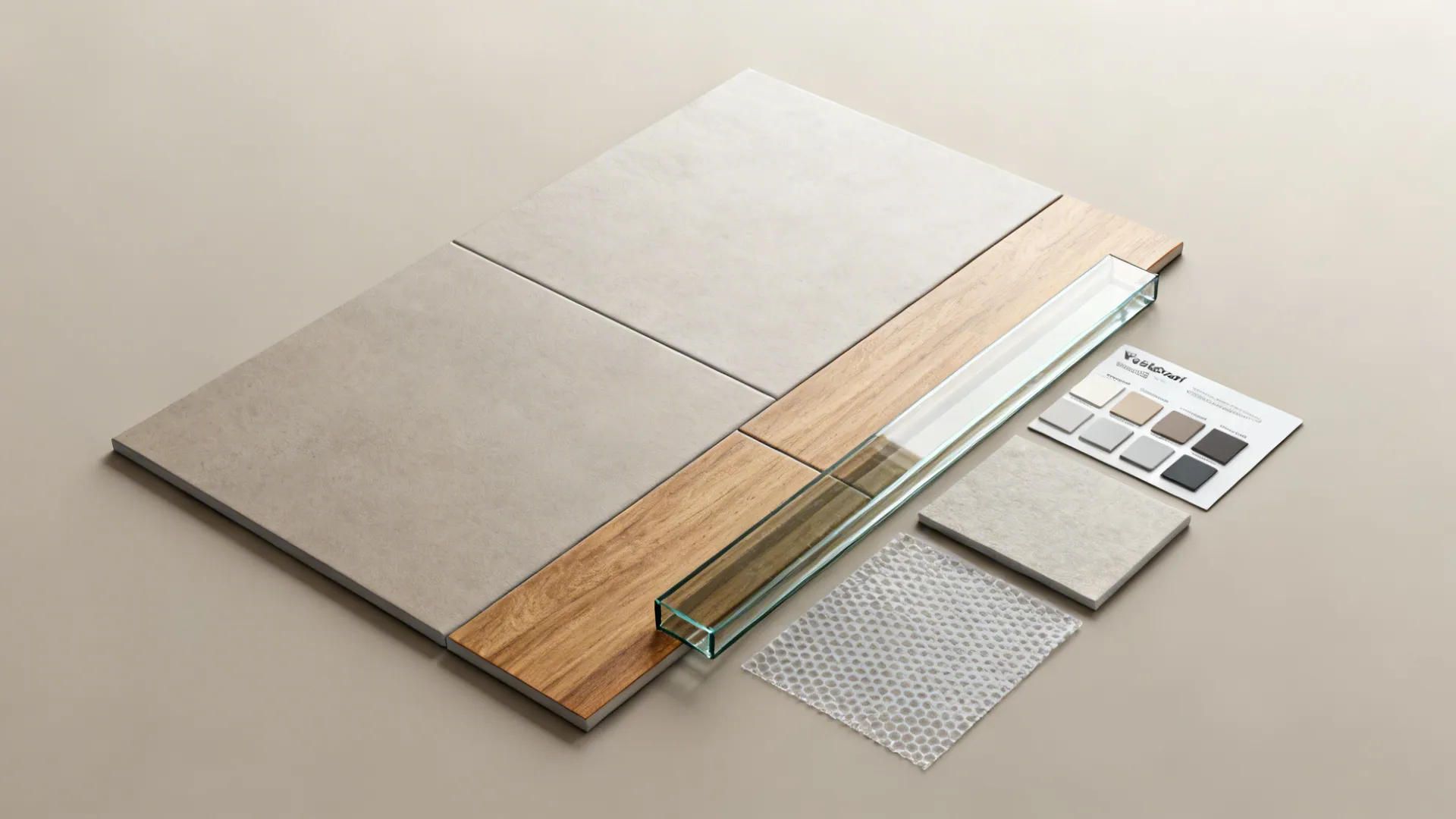 Flatlay of large-format tile, grout, glass cap and waterproof membrane samples.