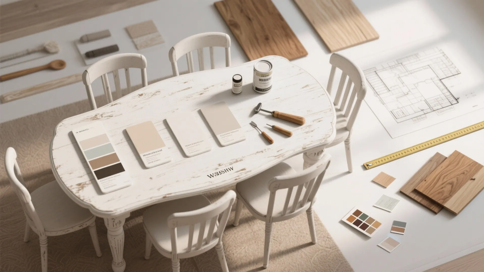 White wooden dining table with color swatches tools floor plan and wood samples for renovation