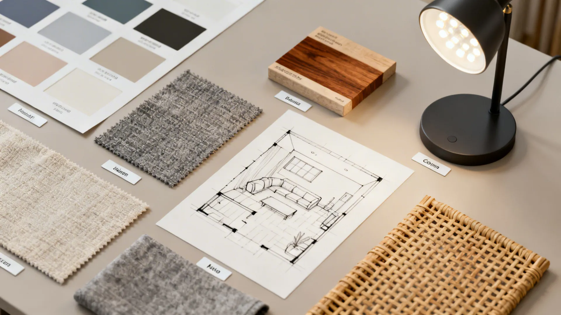 Top-down flatlay of paint swatches, textile samples, wood stain and a mini room plan for testing colour pairings.