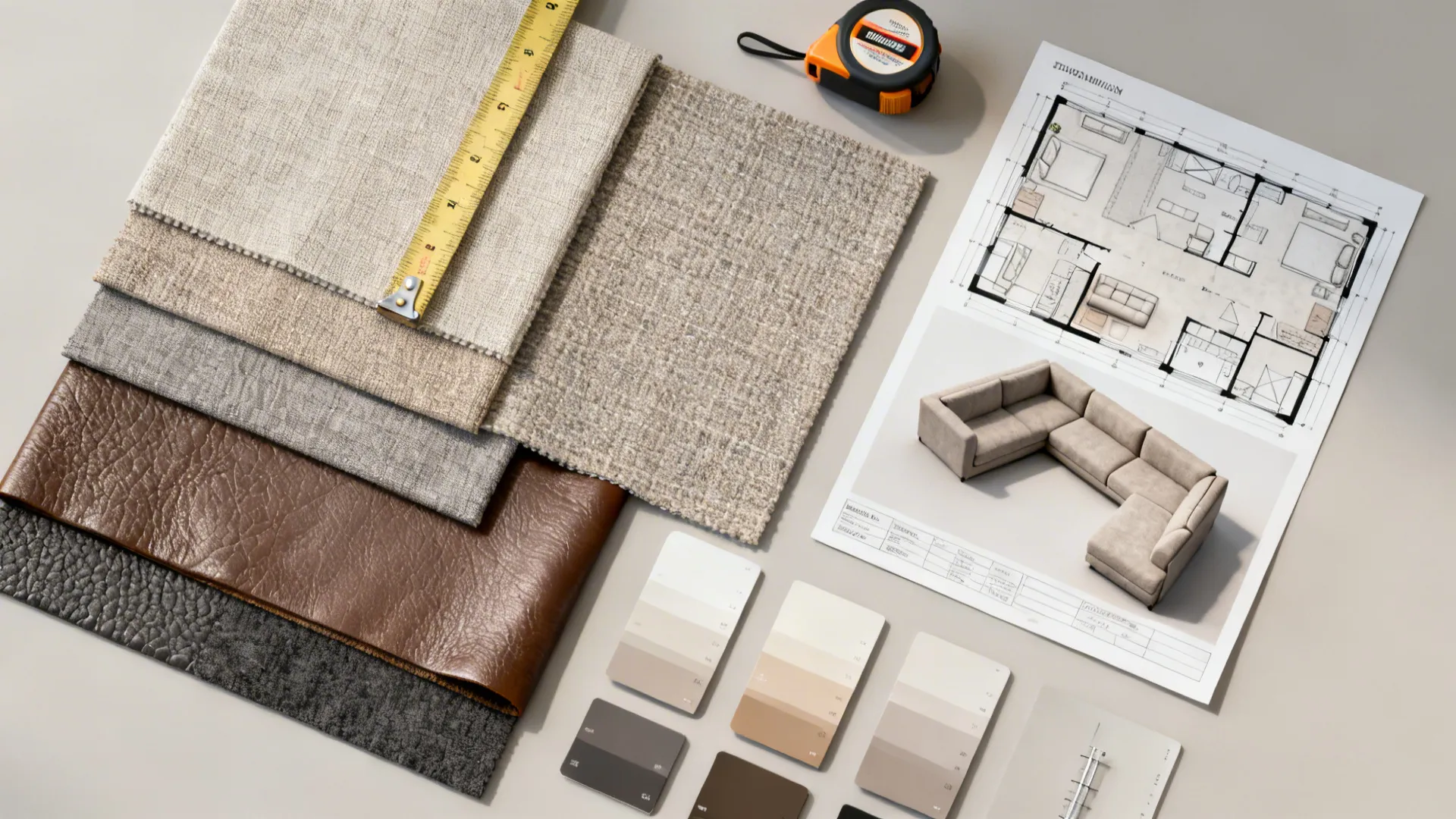 Top-down flatlay of fabric swatches, ruler, and a floor plan mockup for planning sectionals in small rooms.
