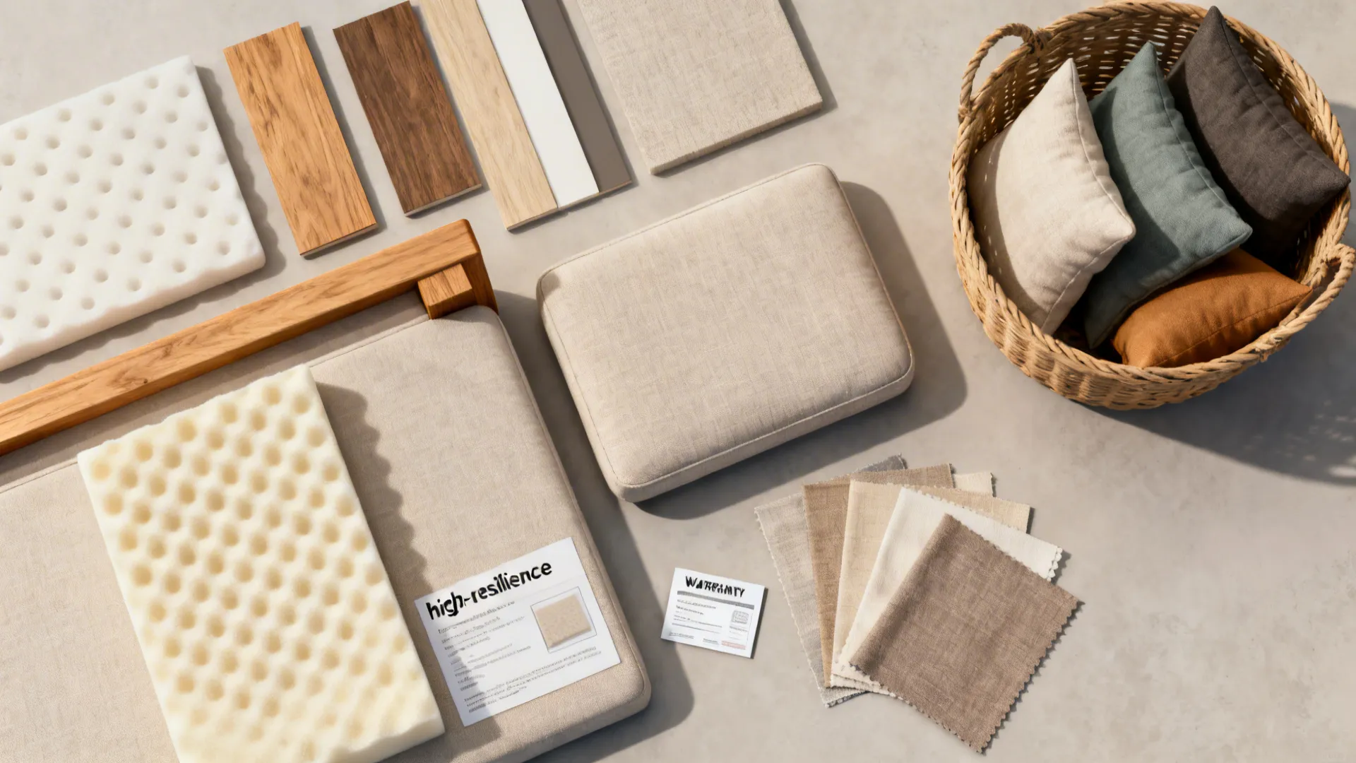 Flatlay of fabric swatches, foam samples and frame detail samples to prioritize longevity when buying furniture.