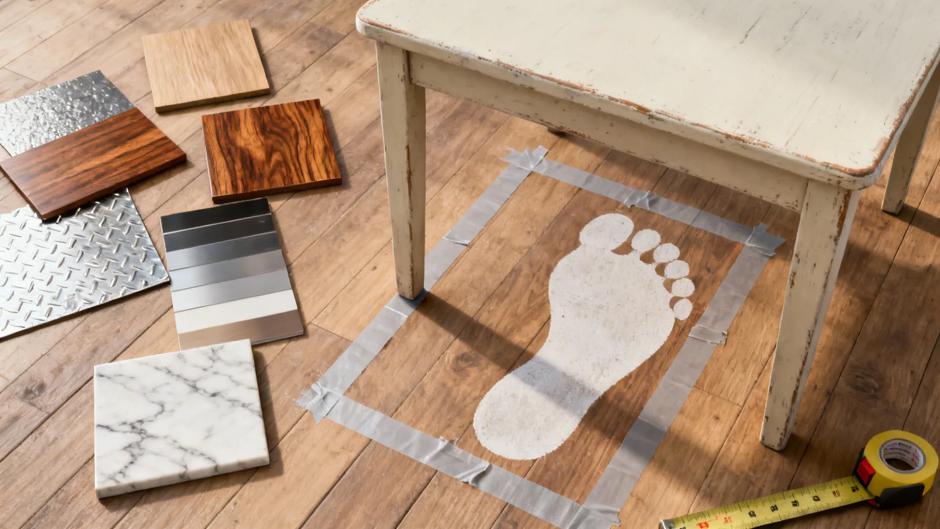Flatlay of material samples, tape measure, and painter's tape outlining a side table footprint