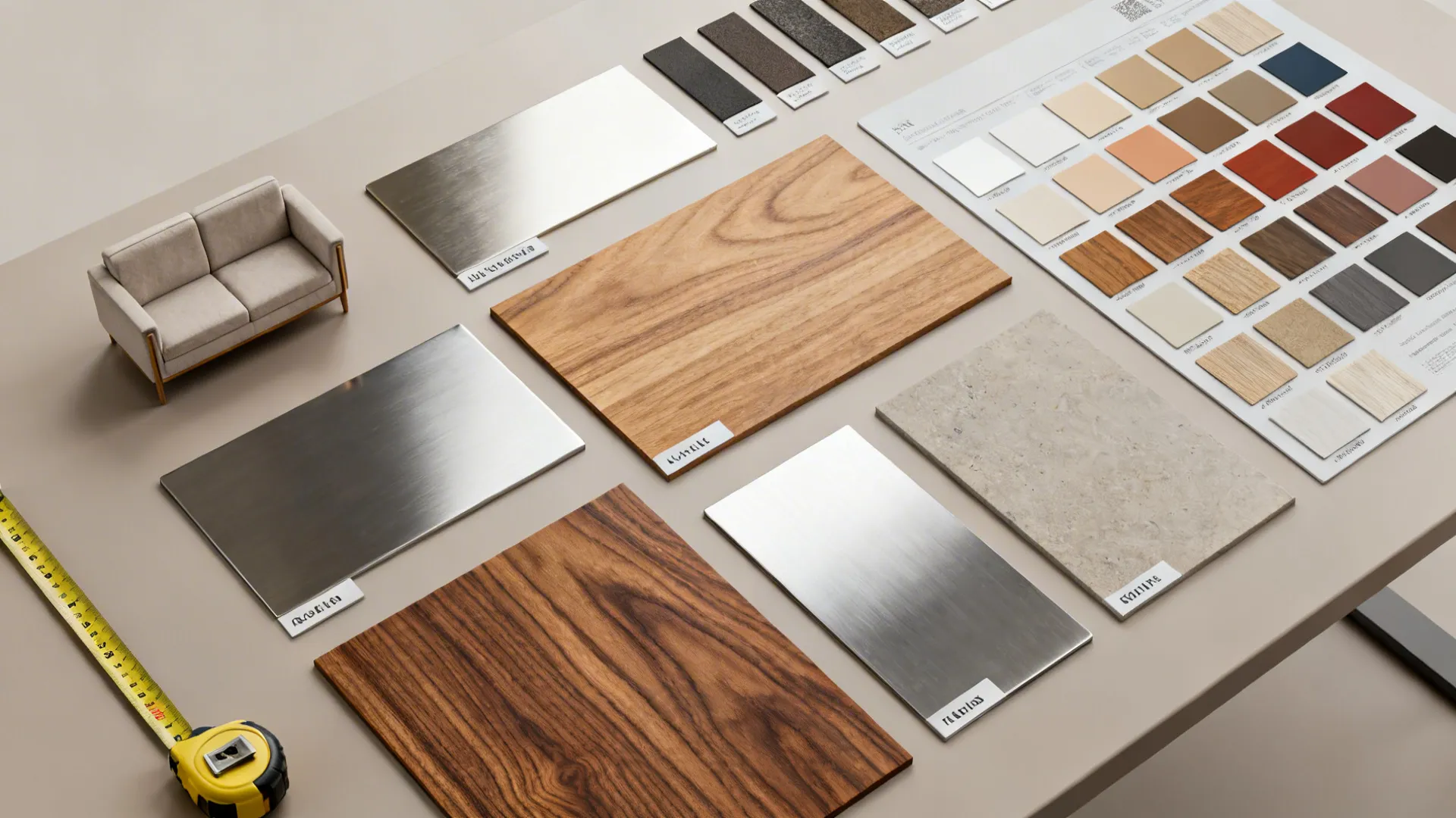 Top-down flatlay of table material swatches, finishes and a tape measure for scale