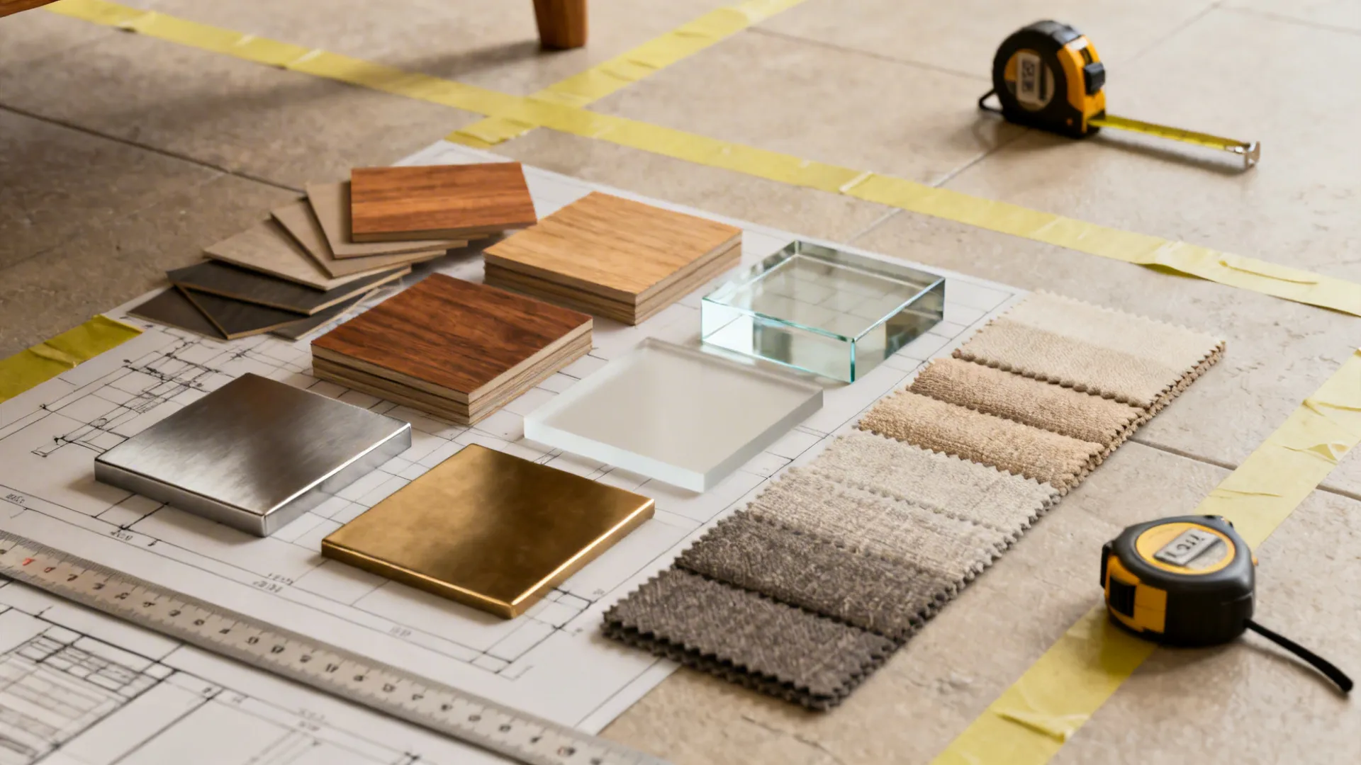 Flatlay of material swatches, measuring tape, and painter's tape for coffee table planning in a small living room