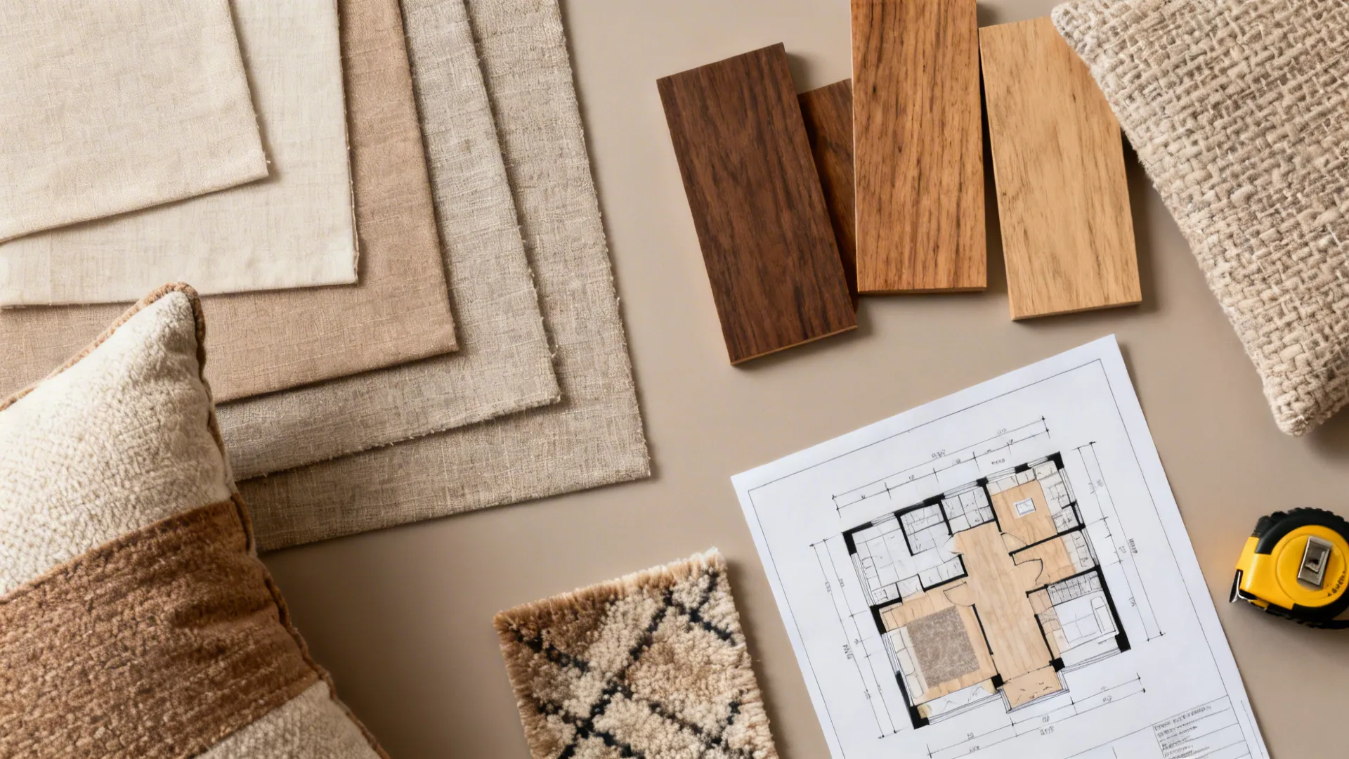 Flatlay of fabric swatches, wood chips, measuring tape and a floor plan for small living room planning.
