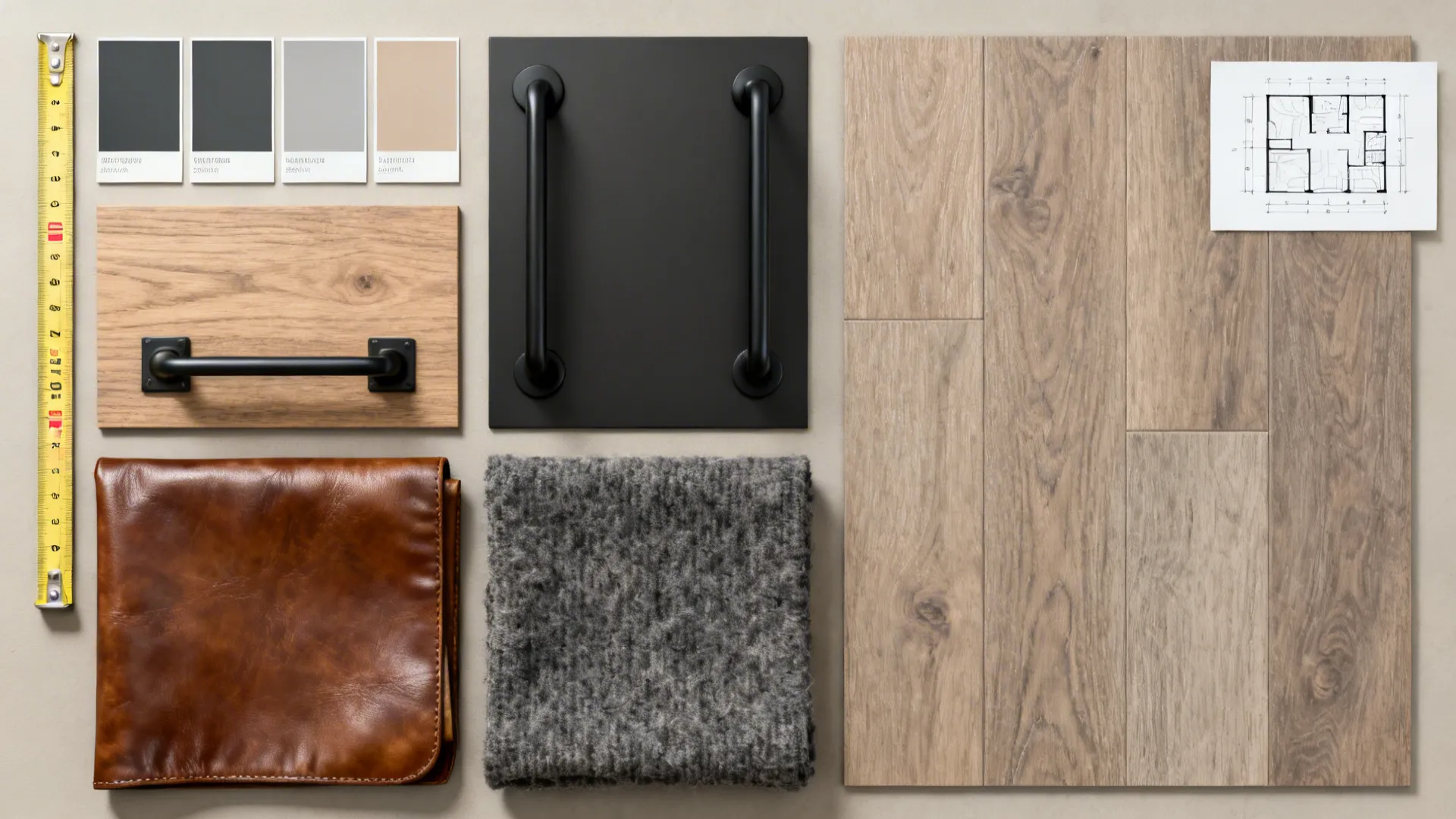 Material flatlay with paint, wood, leather, and fabric samples for a small bedroom