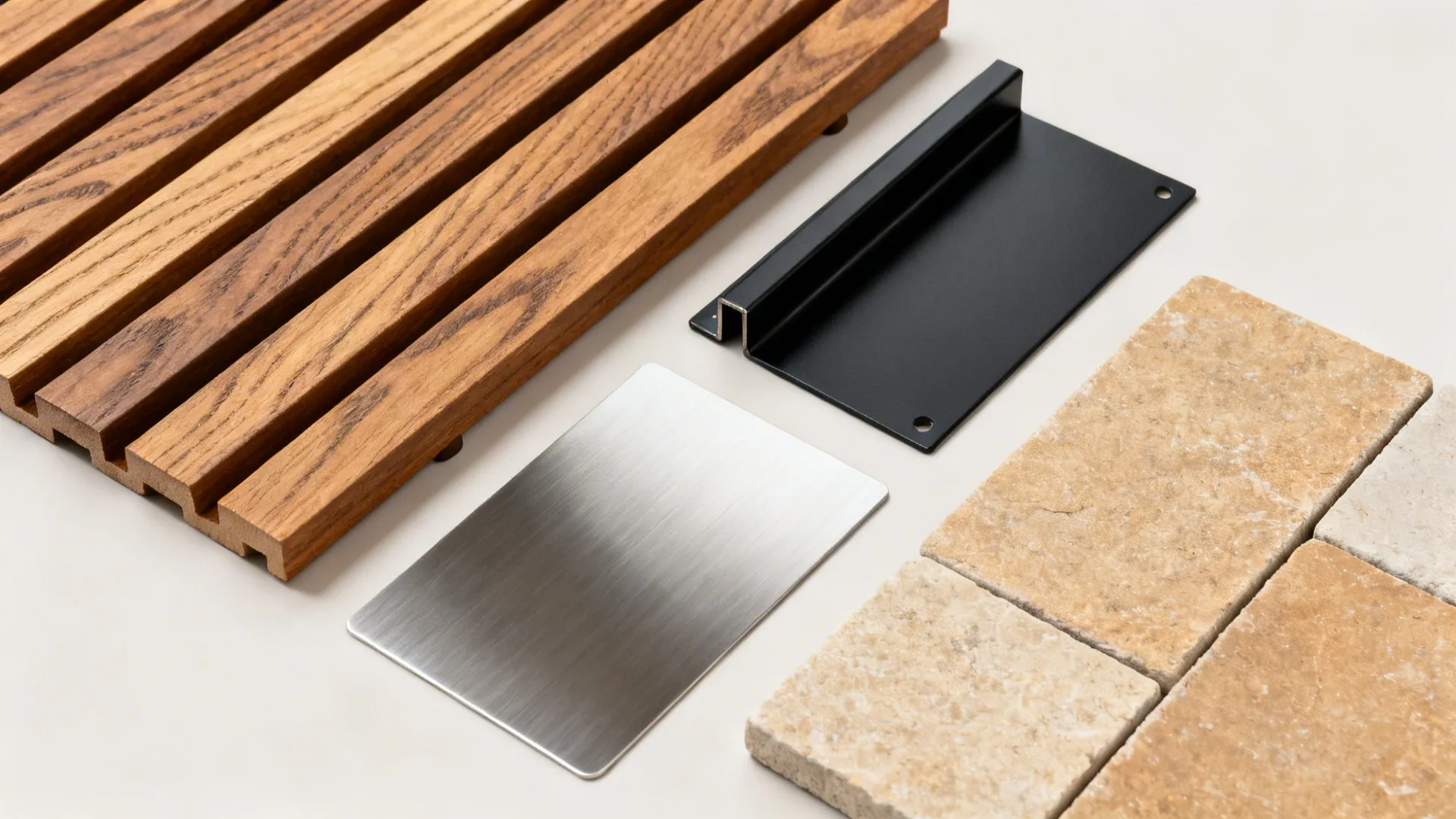 Flat lay of composite slats, matte black metal, stainless, and neutral stone samples.
