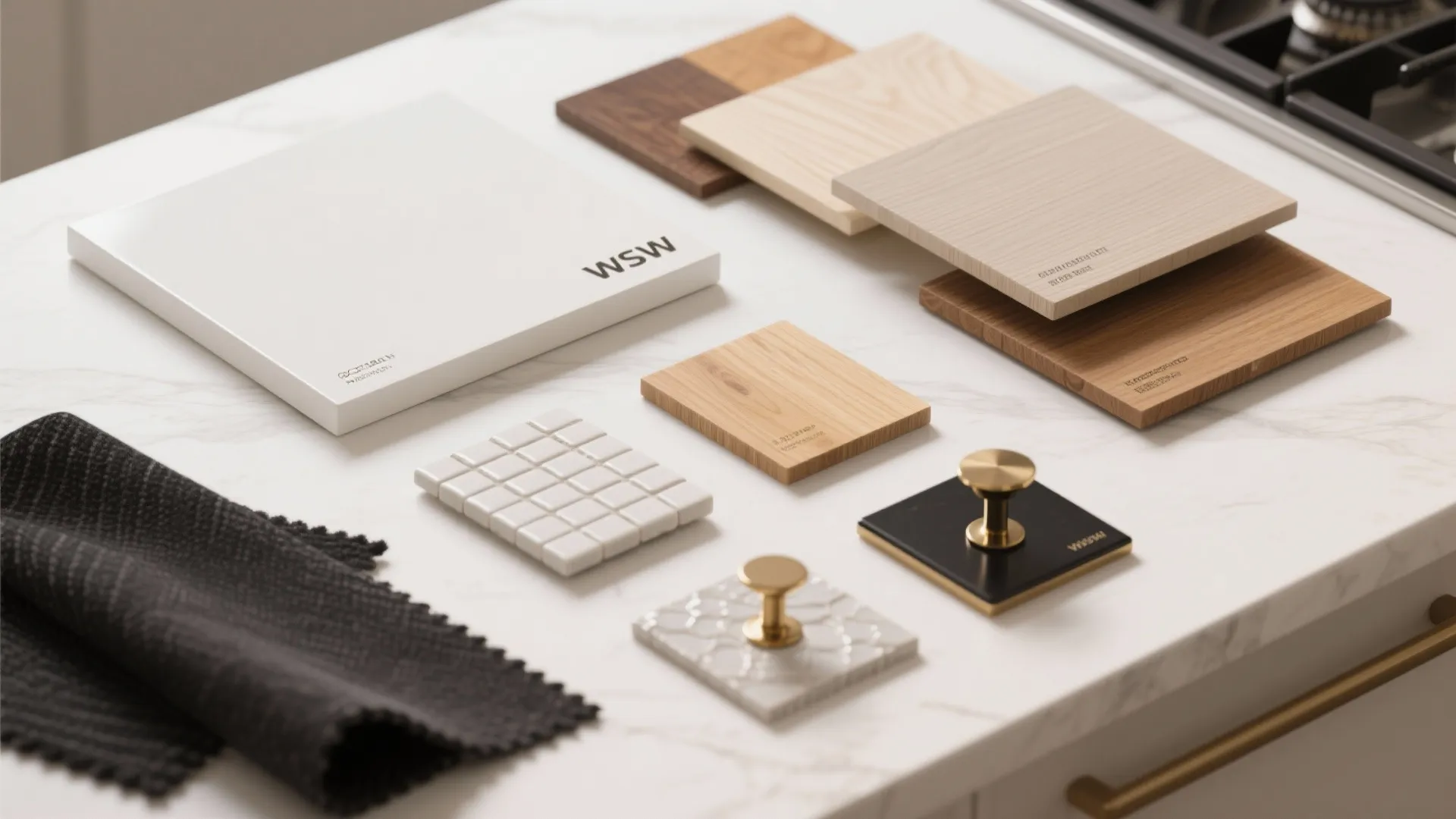 Flatlay of paint chips, wood and hardware samples for choosing warm white kitchen finishes