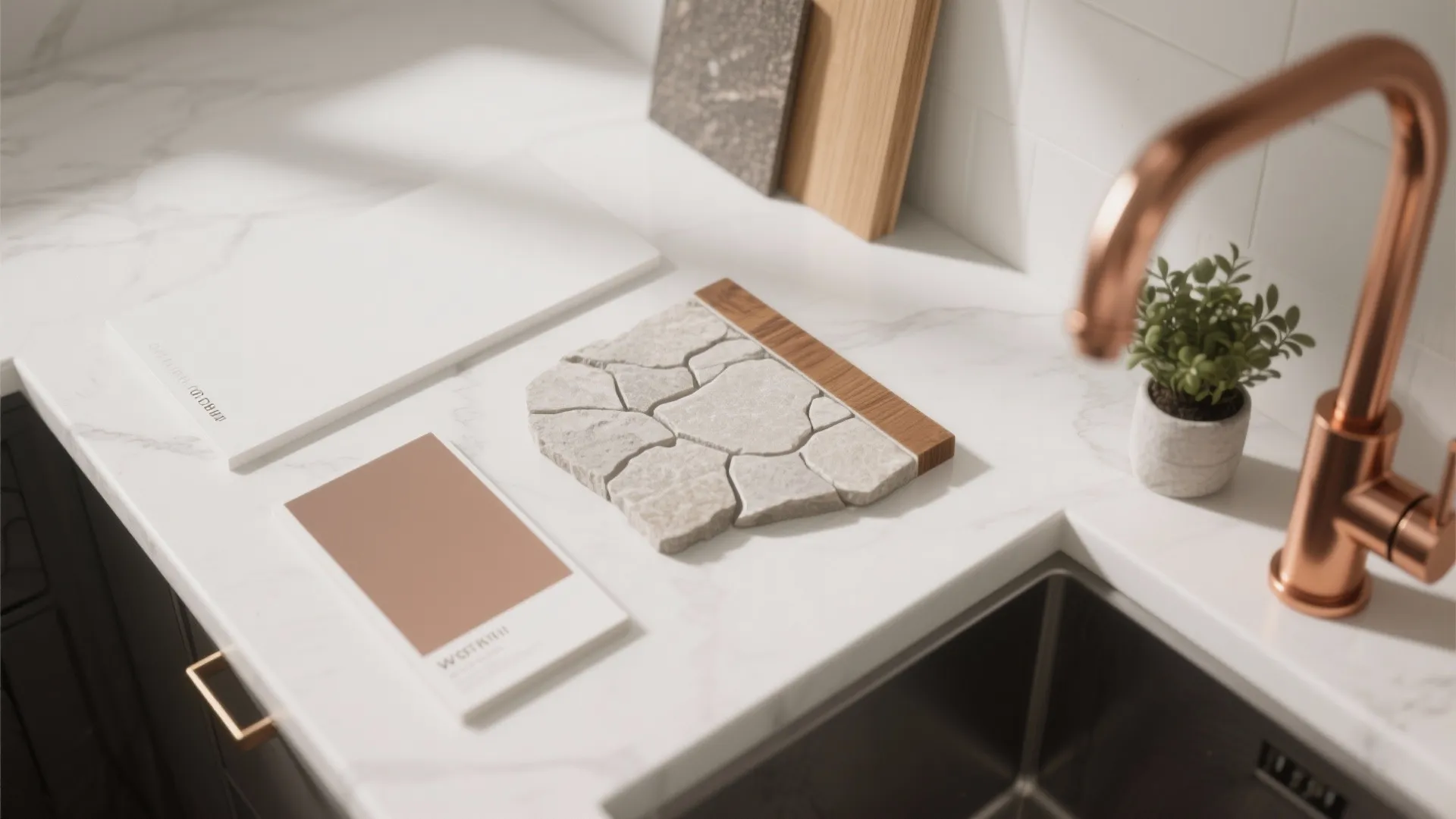 Kitchen countertop with stone samples wood piece color swatches and a copper tap by sink