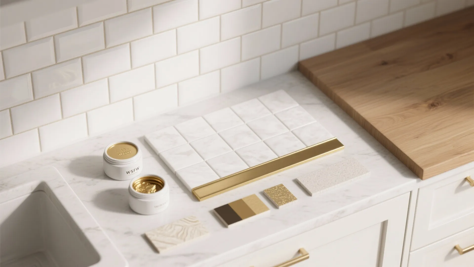 Material flatlay on white marble counter with tiles gold trim paint jars and wood board