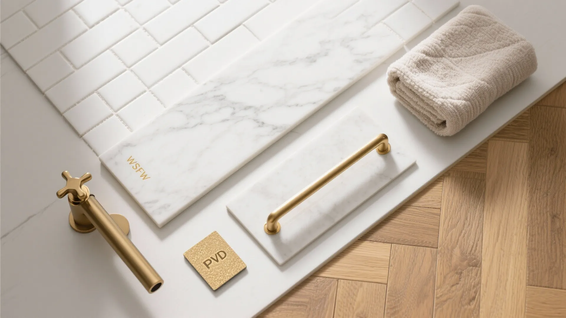 White marble tiles with gold faucet and handle on wood floor next to white towel
