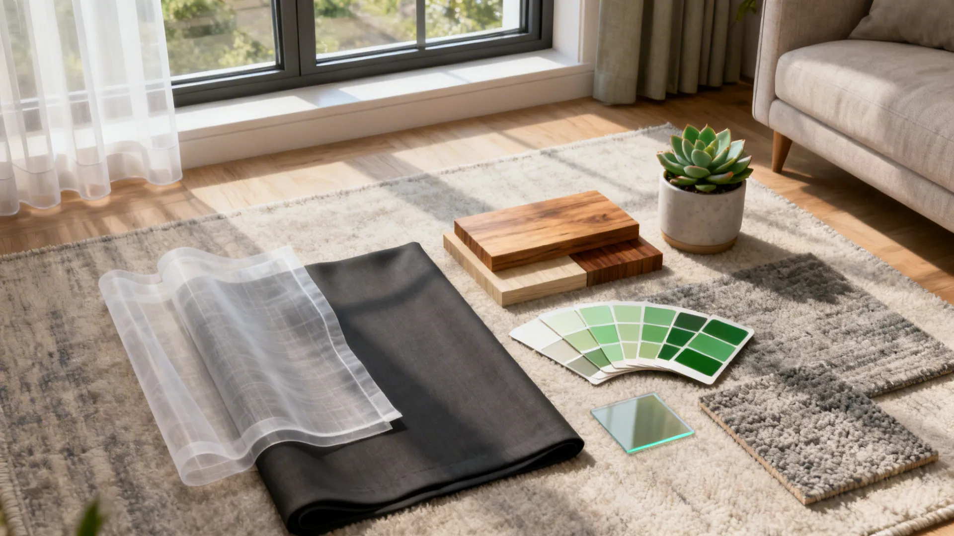 Material flatlay with curtain swatches, wood samples, rug and plant for window design