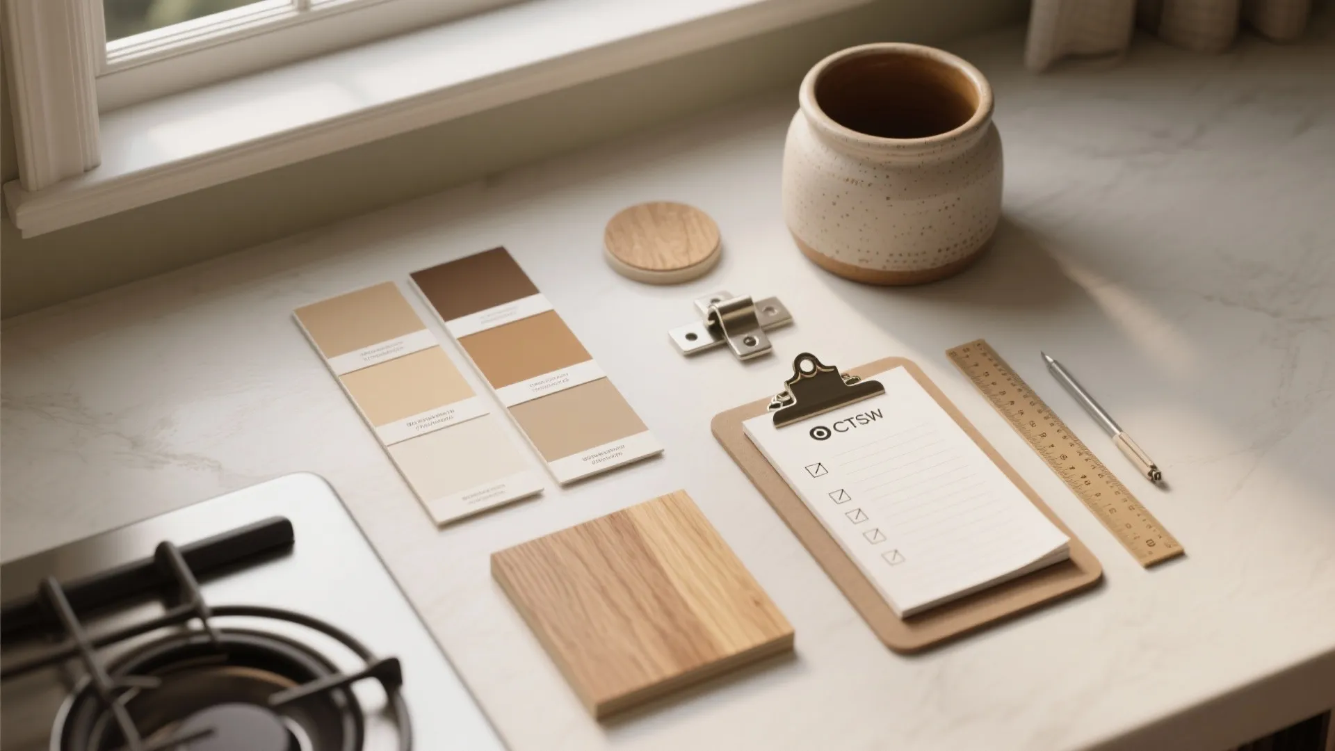 Flatlay of trim paint swatches, wood sample, ceramic pot and hardware for window planning.