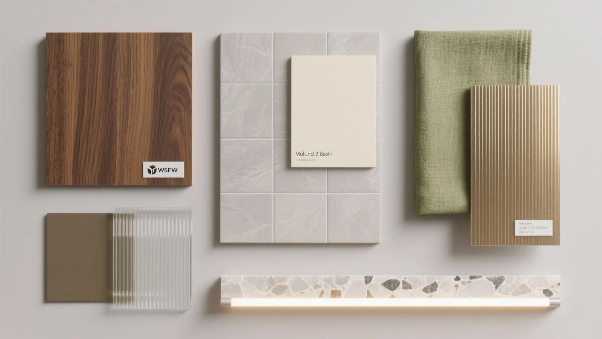 Interior design materials flat lay featuring wood panel, stone tiles, green fabric, and ribbed glass