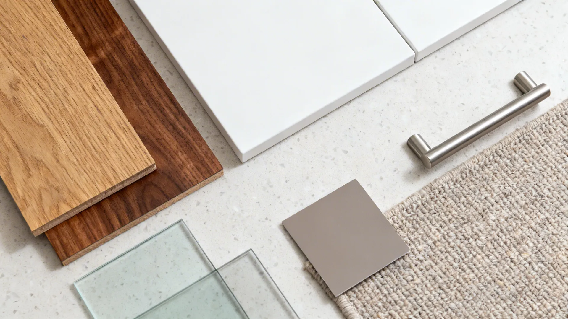Flatlay of oak, walnut, matte white, glass, quartz, warm gray, steel, and rug weave.