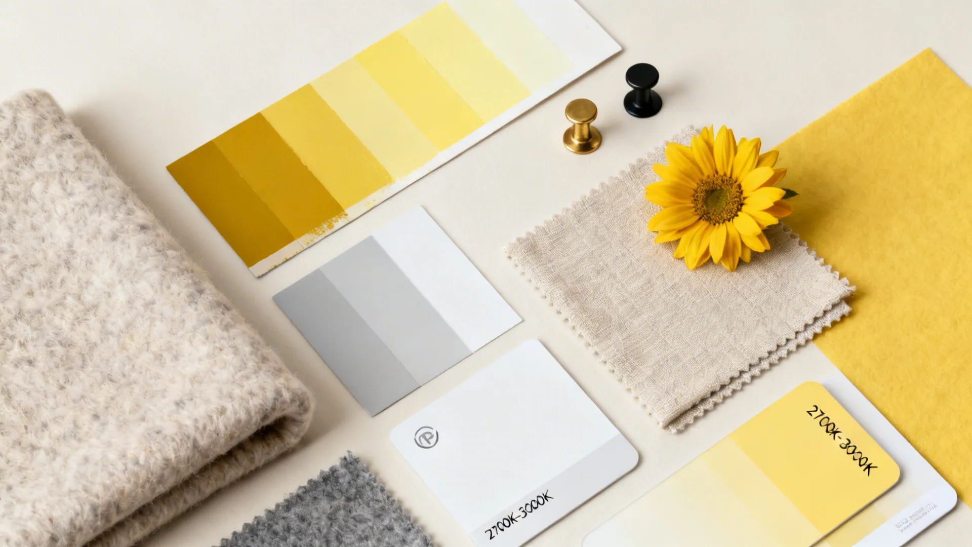 Flatlay of paint and fabric swatches in yellow, gray and white with metal finish samples.