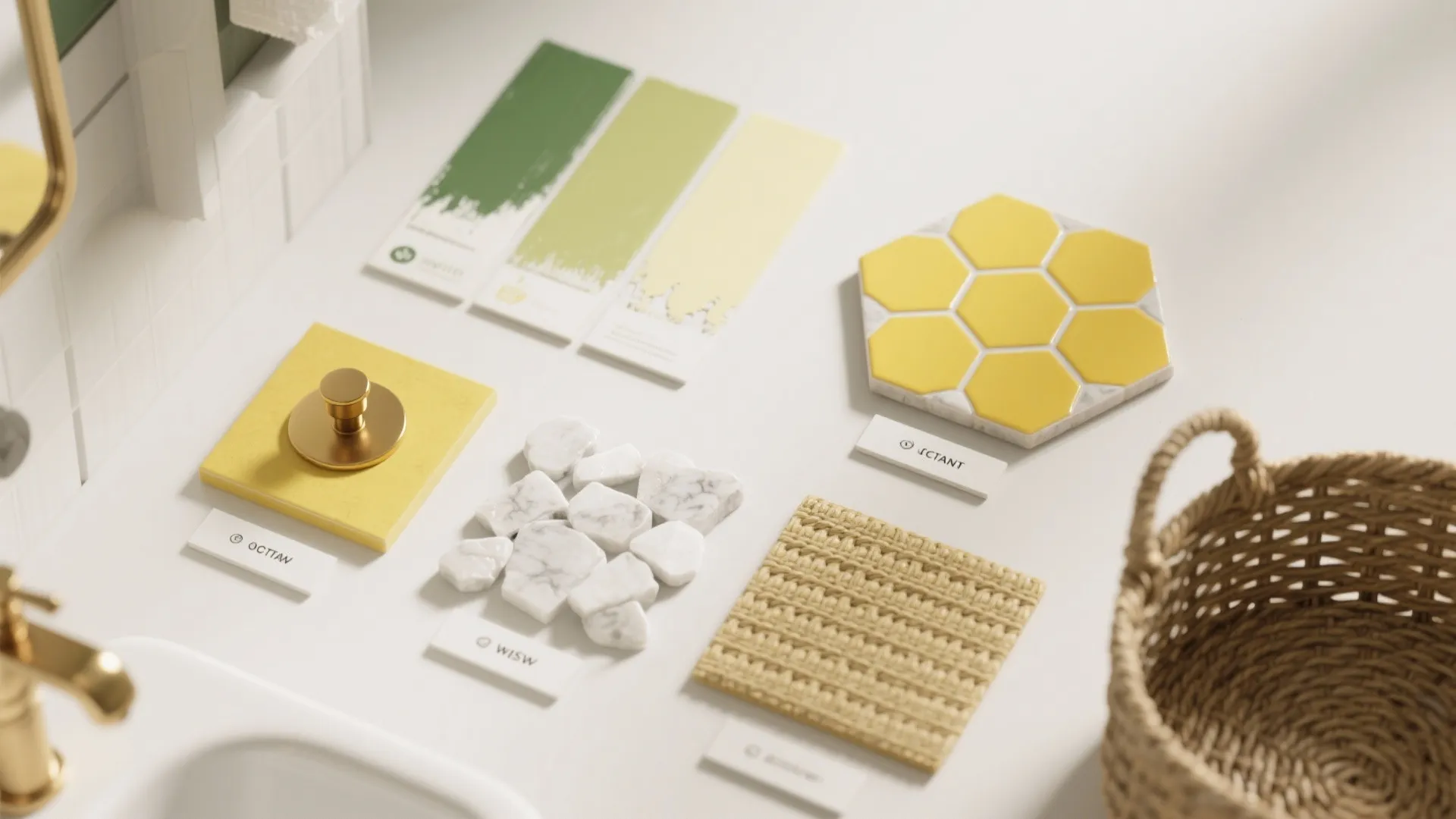 Top-down flatlay of paint swatches, tile, marble sample and hardware for yellow-green bathroom palette