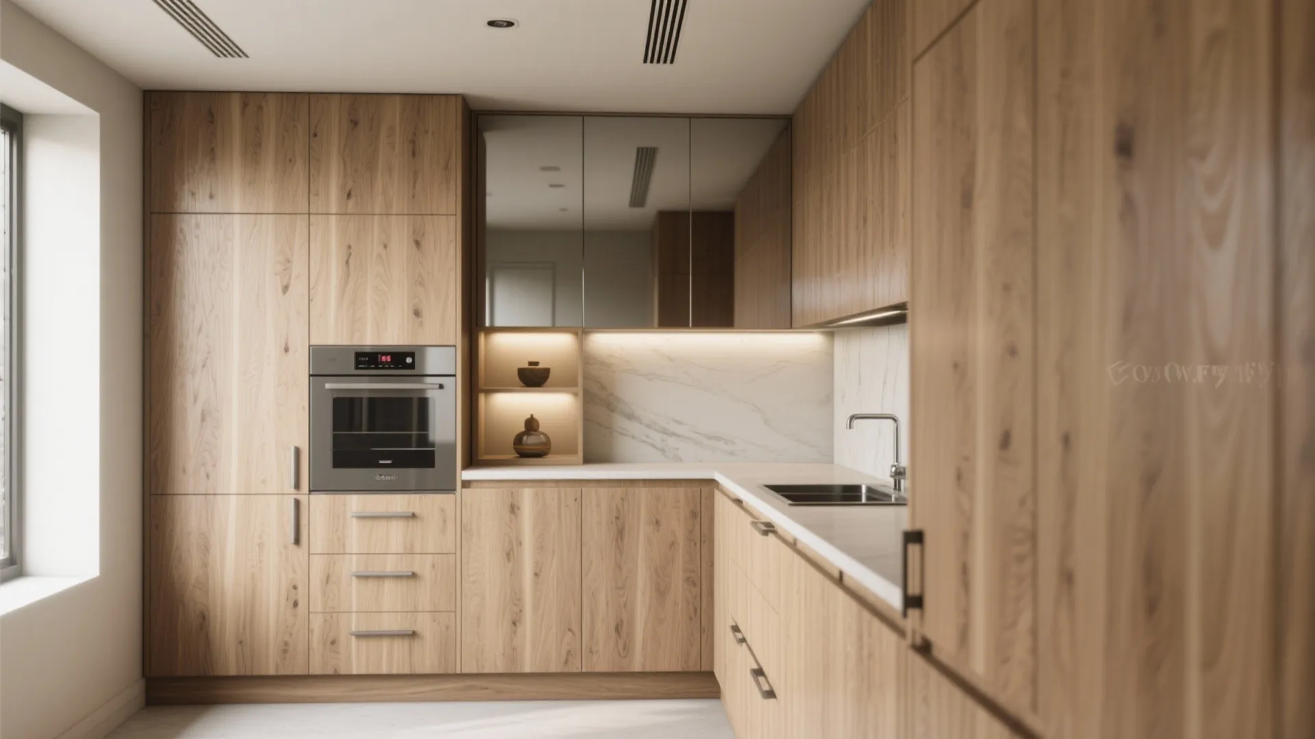 Modern kitchen with wooden cabinets integrated oven marble countertop white walls and large bright window