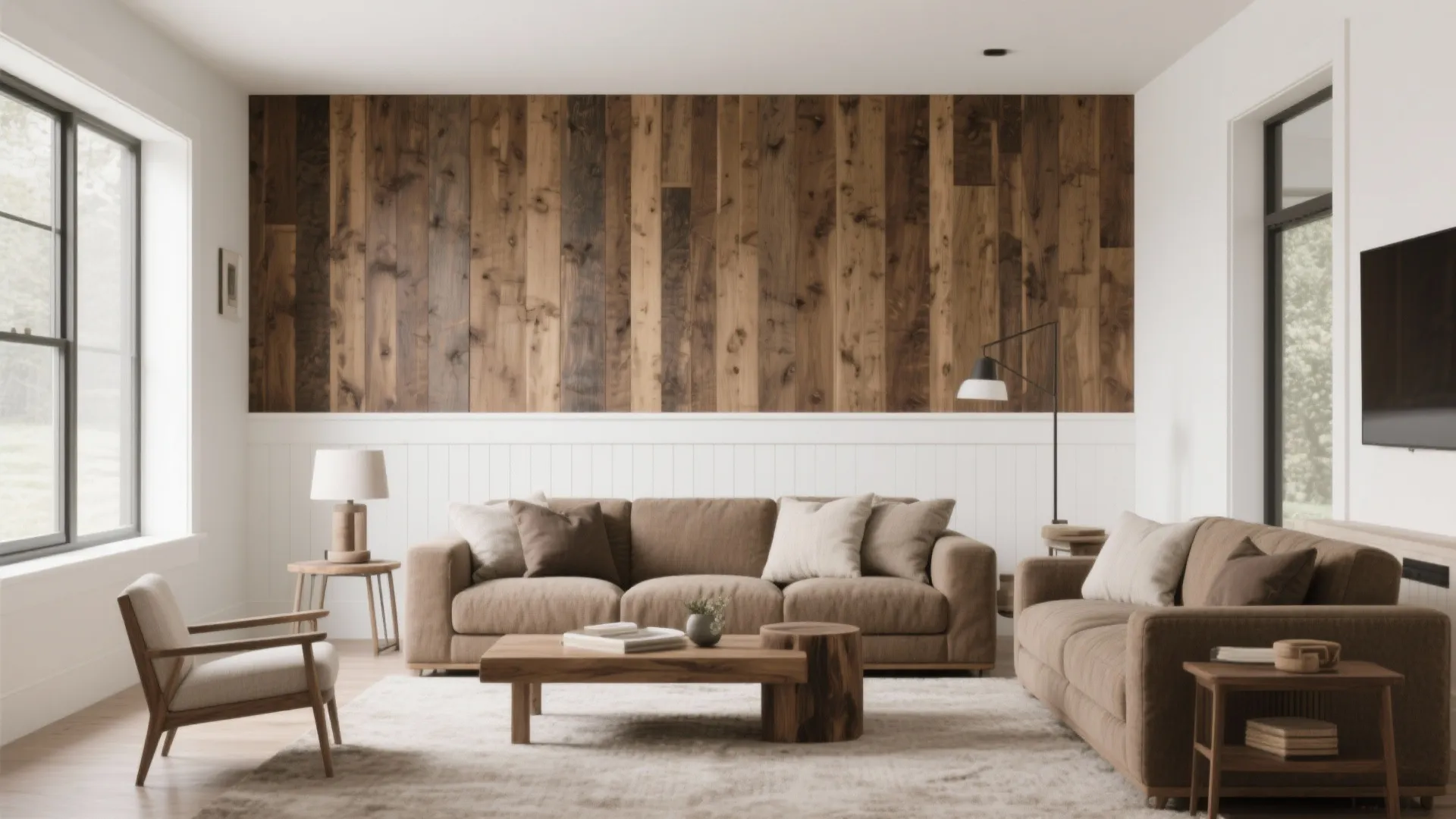 Living room with brown sofa wooden wall panel white walls large windows and natural light